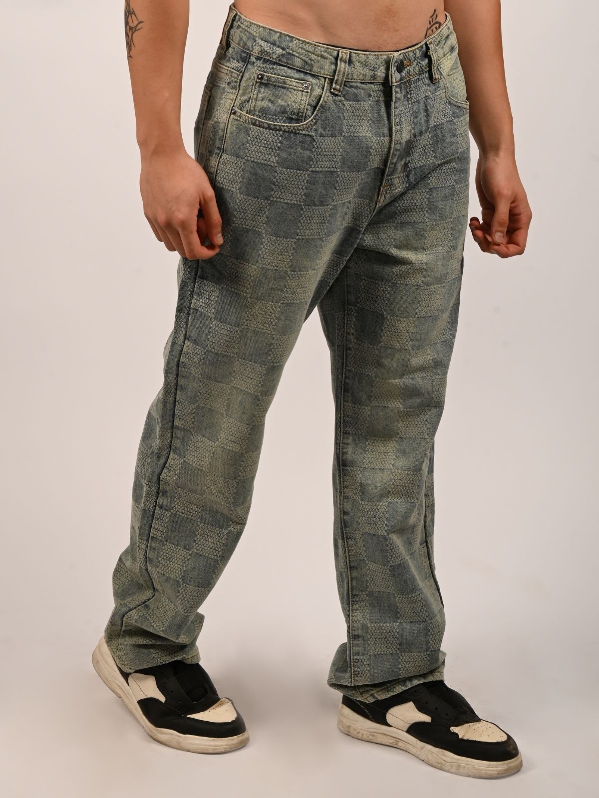 Franco Light Blue Denim Solid Checked Trouser For Men