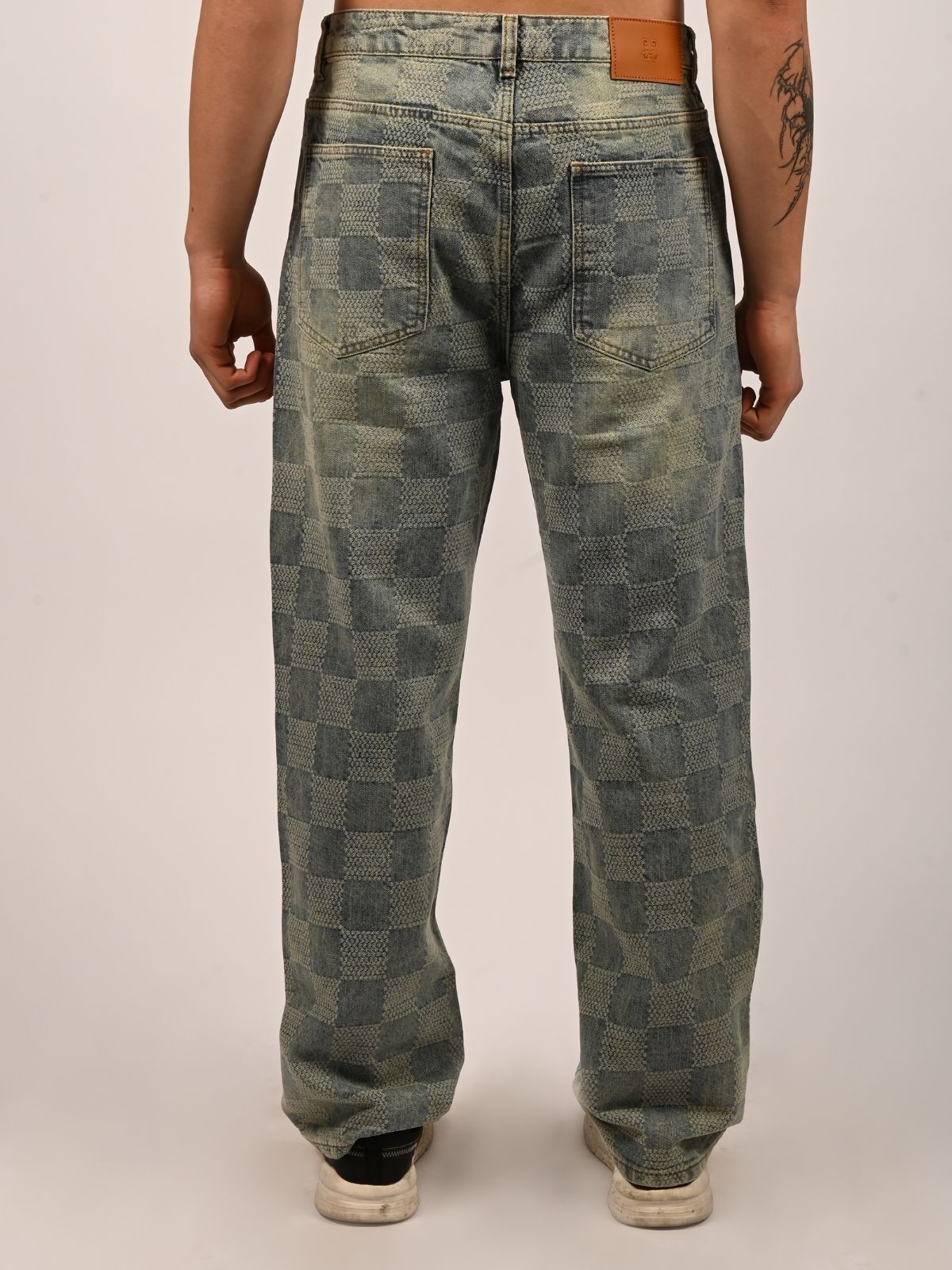 Franco Light Blue Denim Solid Checked Trouser For Men