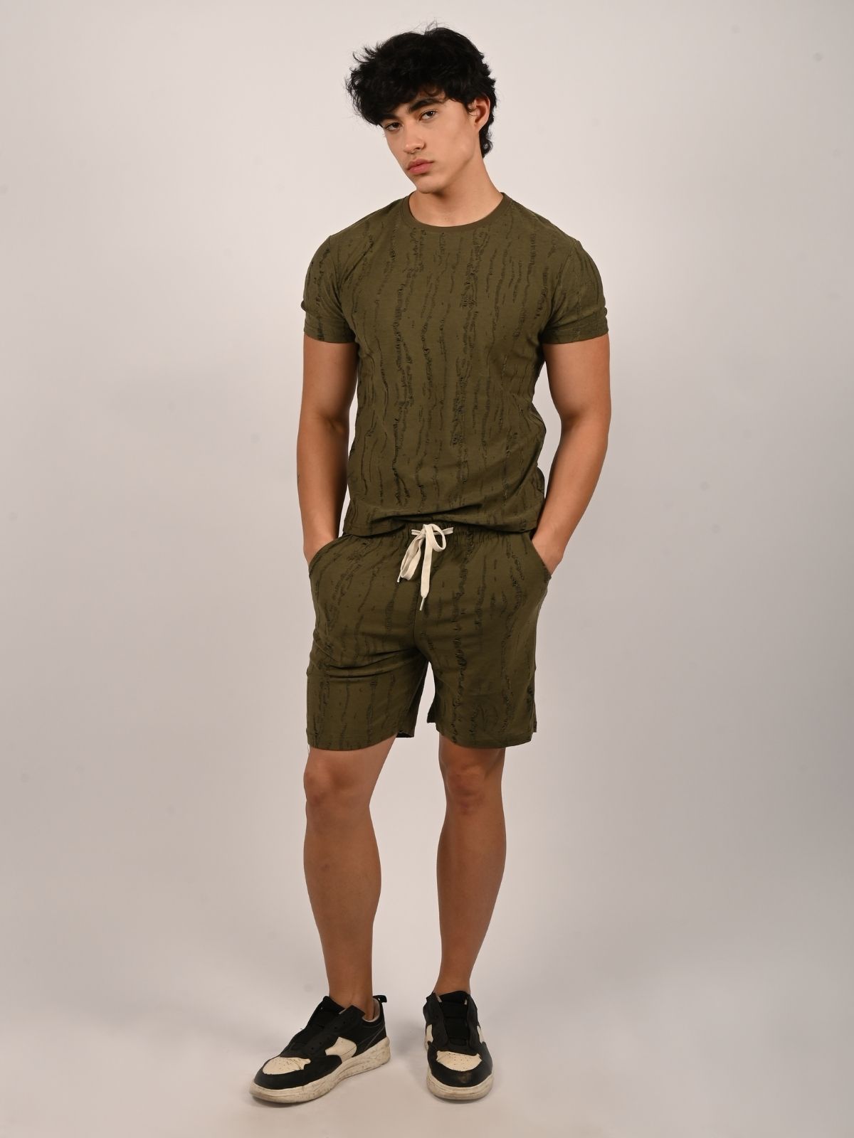 Franco Olive Cotton Jersy Self Design Solid Co-Ord Set Men