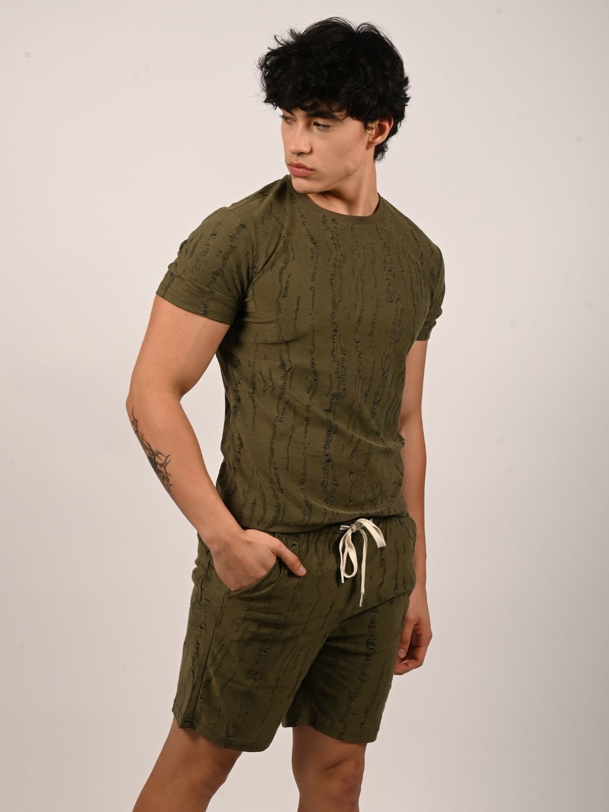 Franco Olive Cotton Jersy Self Design Solid Co-Ord Set Men