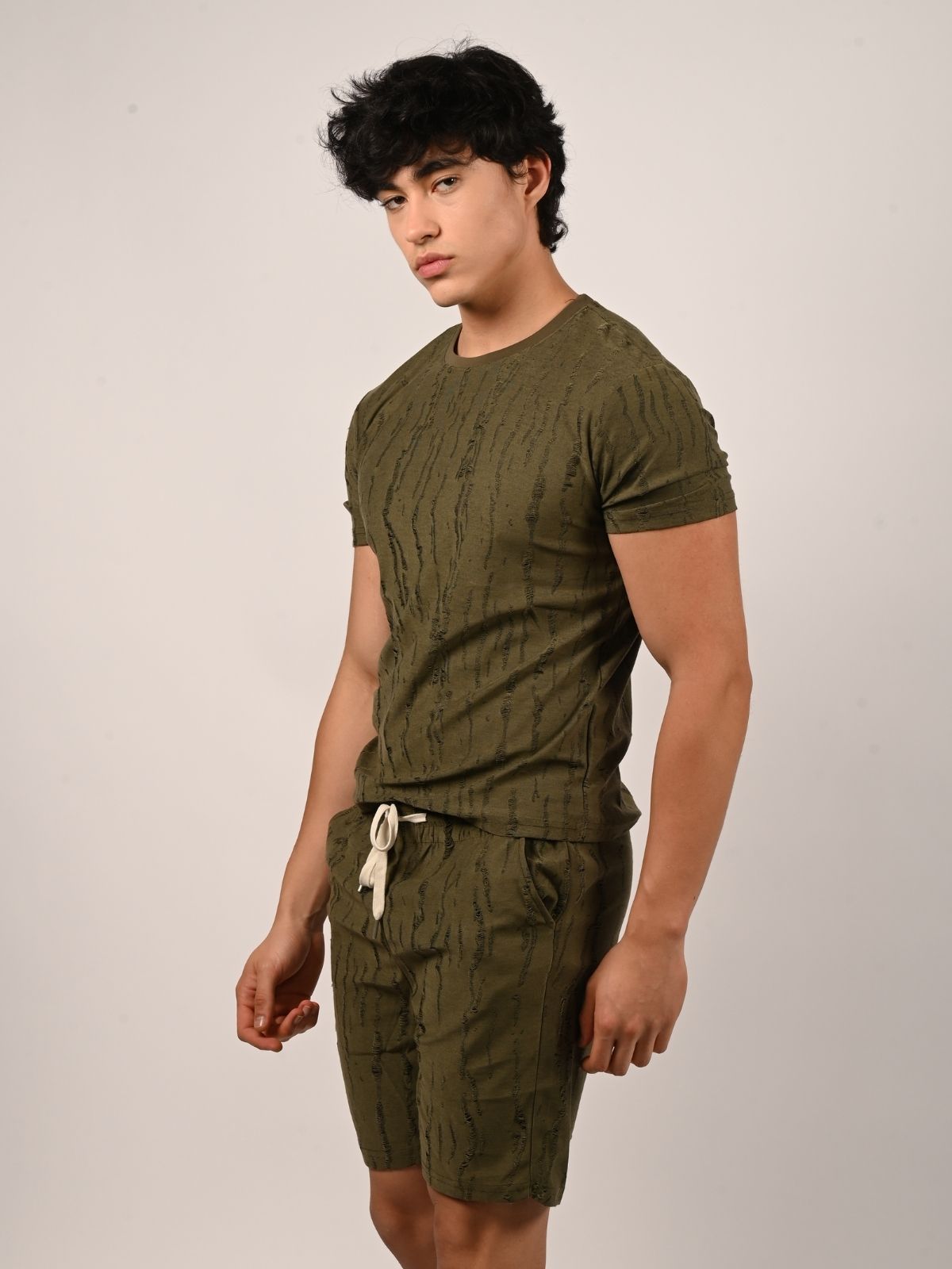 Franco Olive Cotton Jersy Self Design Solid Co-Ord Set Men