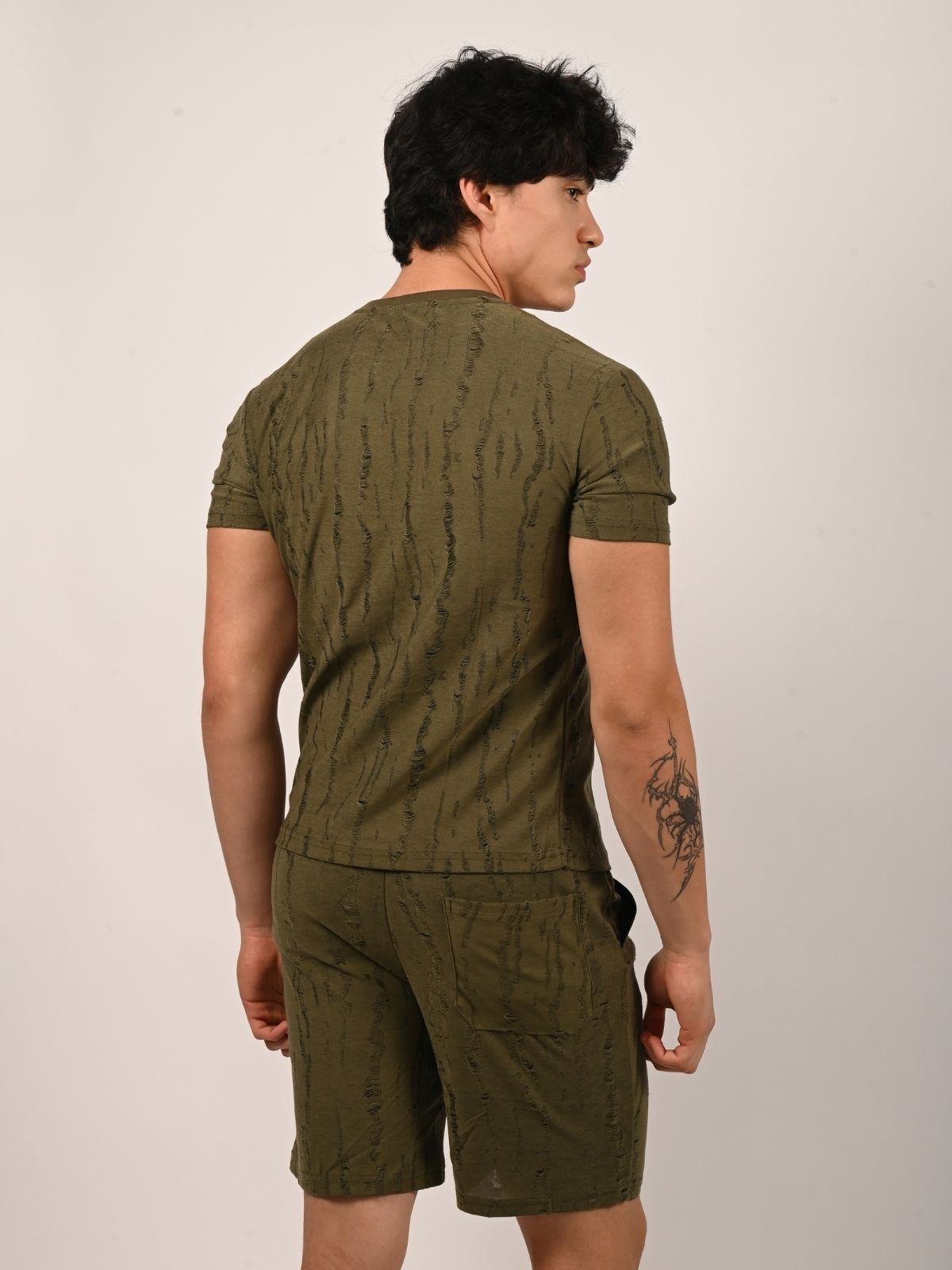Franco Olive Cotton Jersy Self Design Solid Co-Ord Set Men