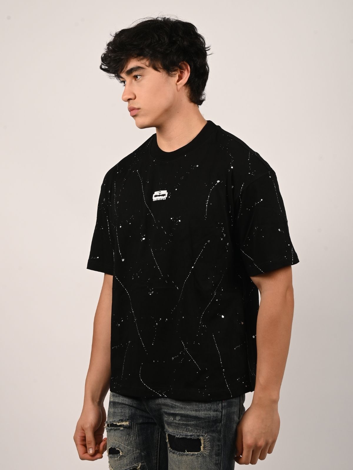 Franco Black Cotton Blend Foli Print T-Shirt For Men