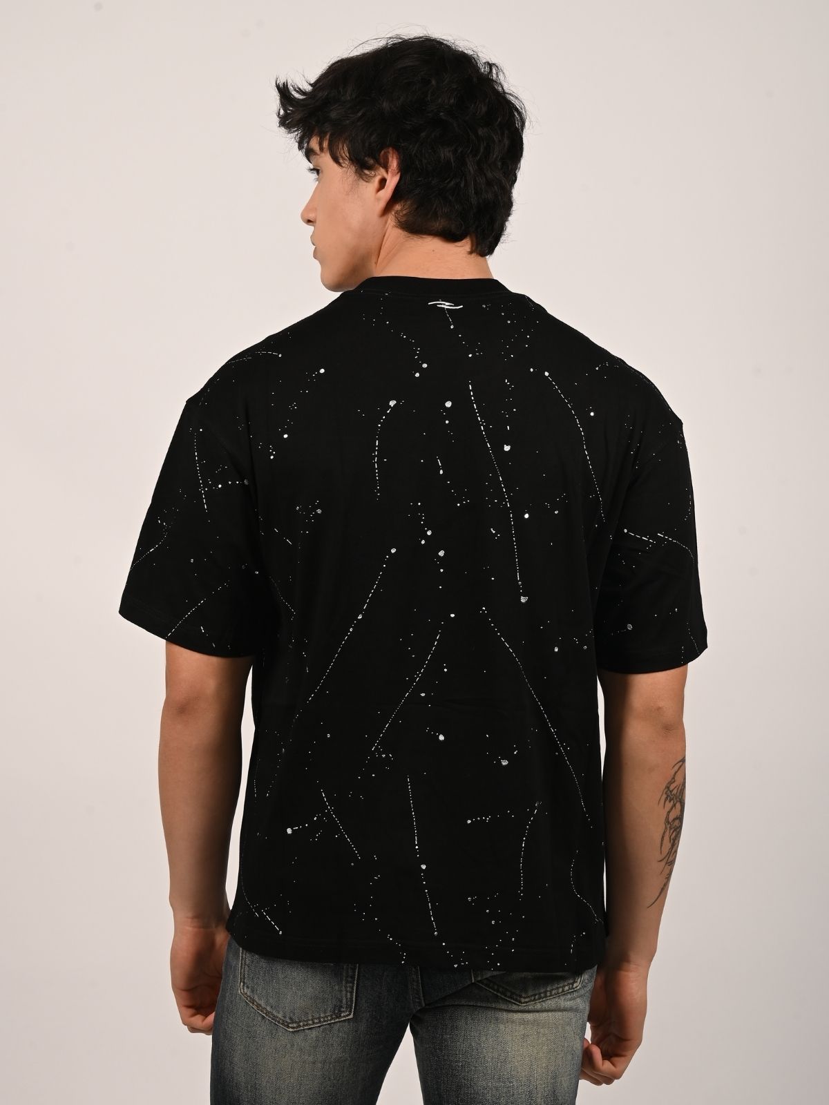 Franco Black Cotton Blend Foli Print T-Shirt For Men