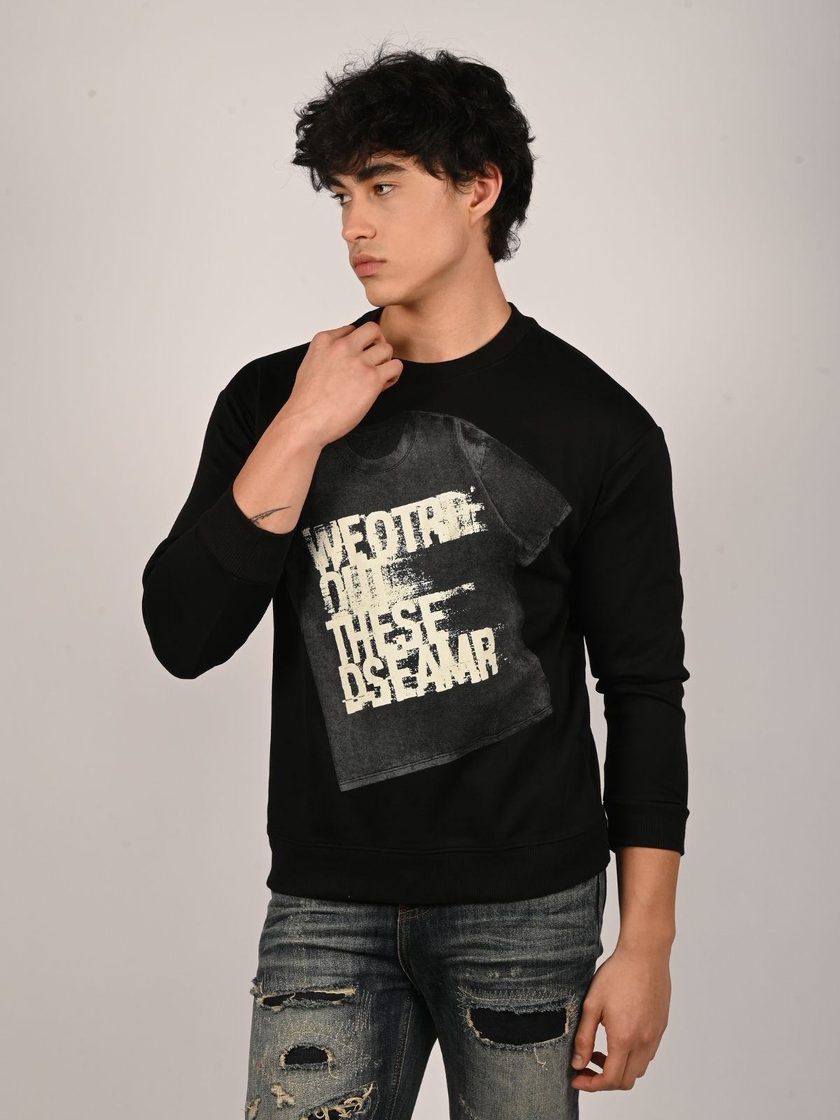 Franco Black Cotton Polyster Fleece Printed Sweatshirts For Men