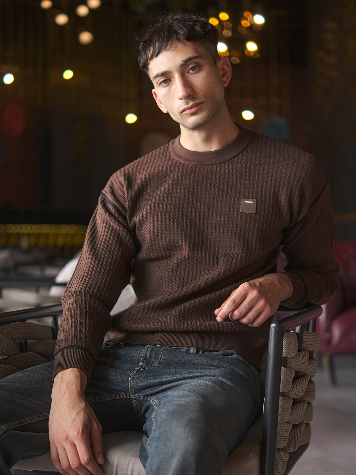 Brown Cotton Rib Solid Sweatshirt For Men