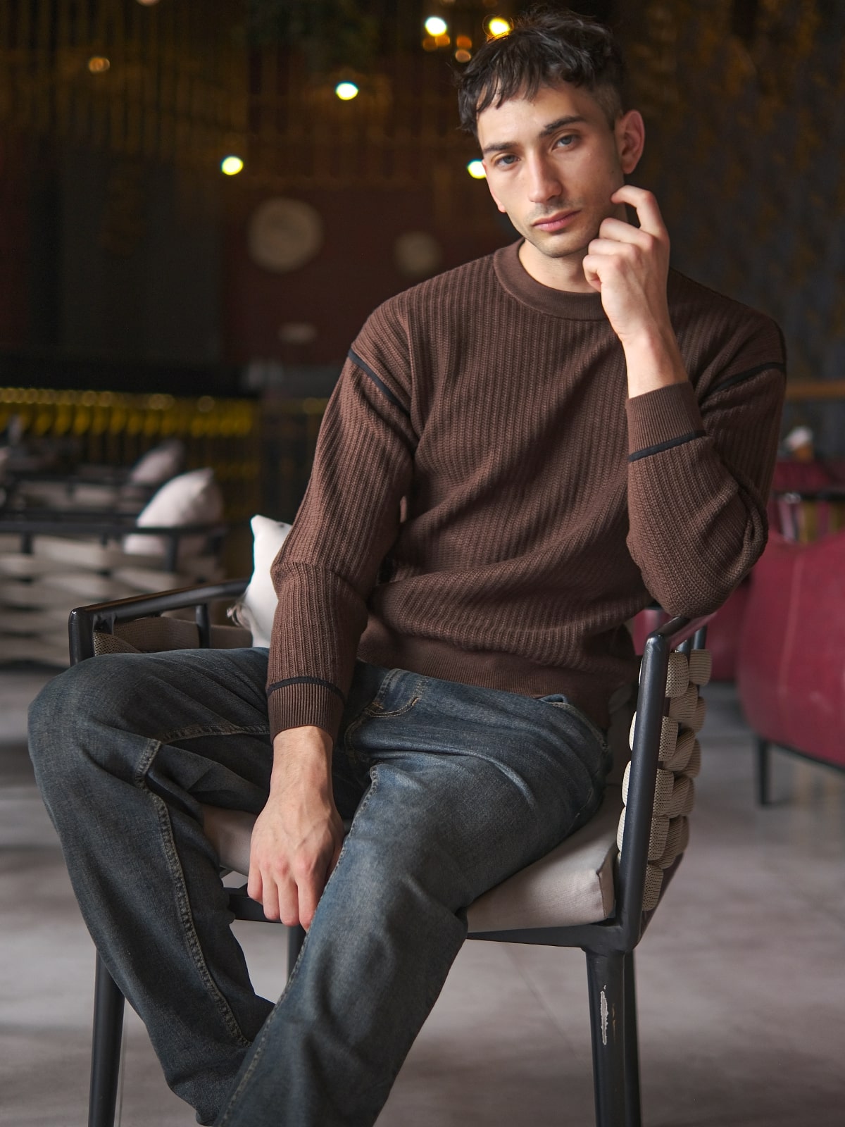 Brown Cotton Rib Solid Sweatshirt For Men