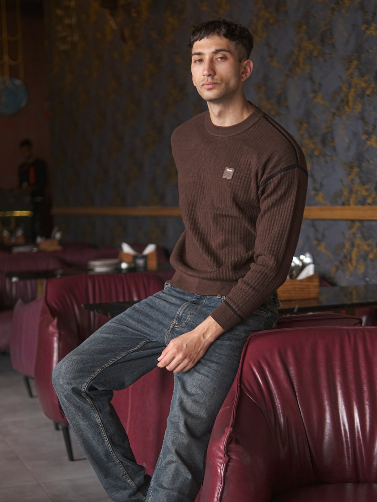 Brown Cotton Rib Solid Sweatshirt For Men