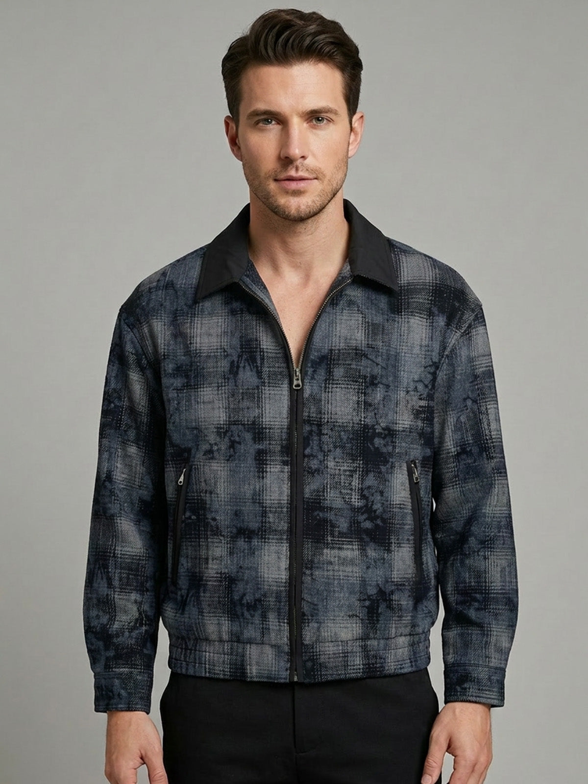 Franco Dark Blue Denim Checked Jacket For Women