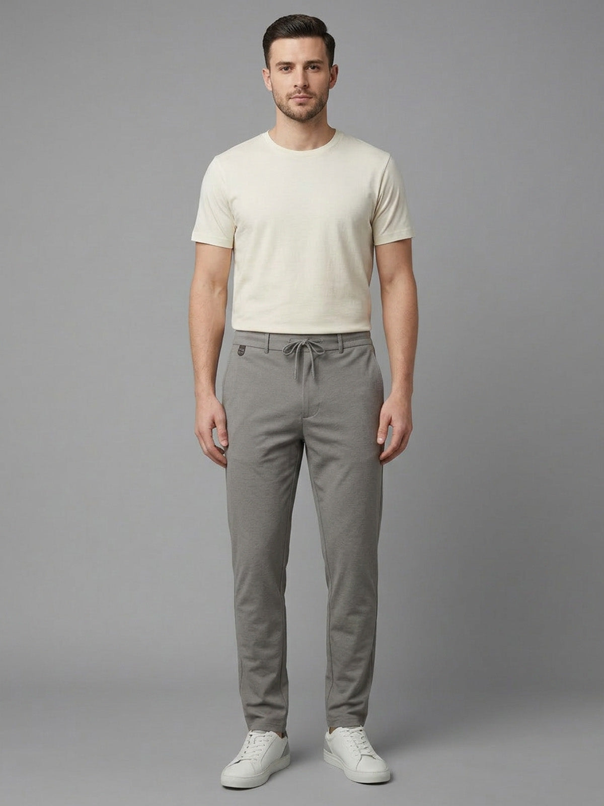 Franco Beige Polyester Lycra Solid Trouser For Men