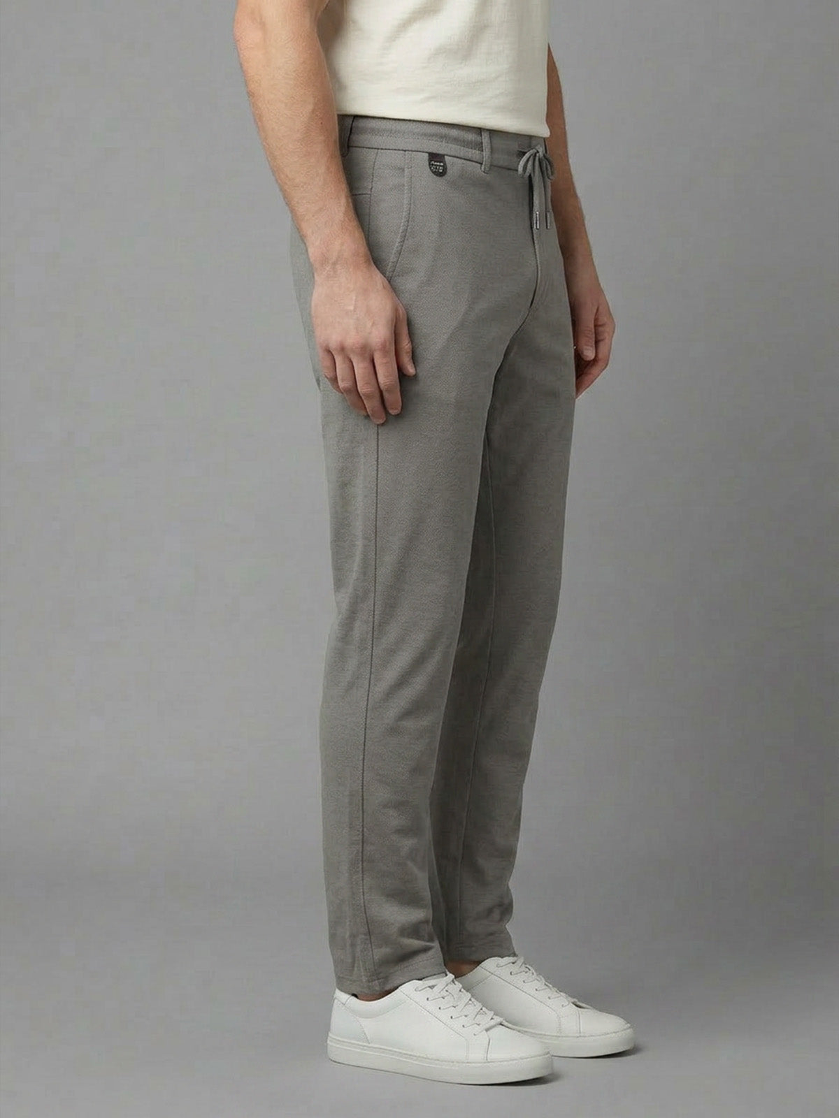 Franco Beige Polyester Lycra Solid Trouser For Men