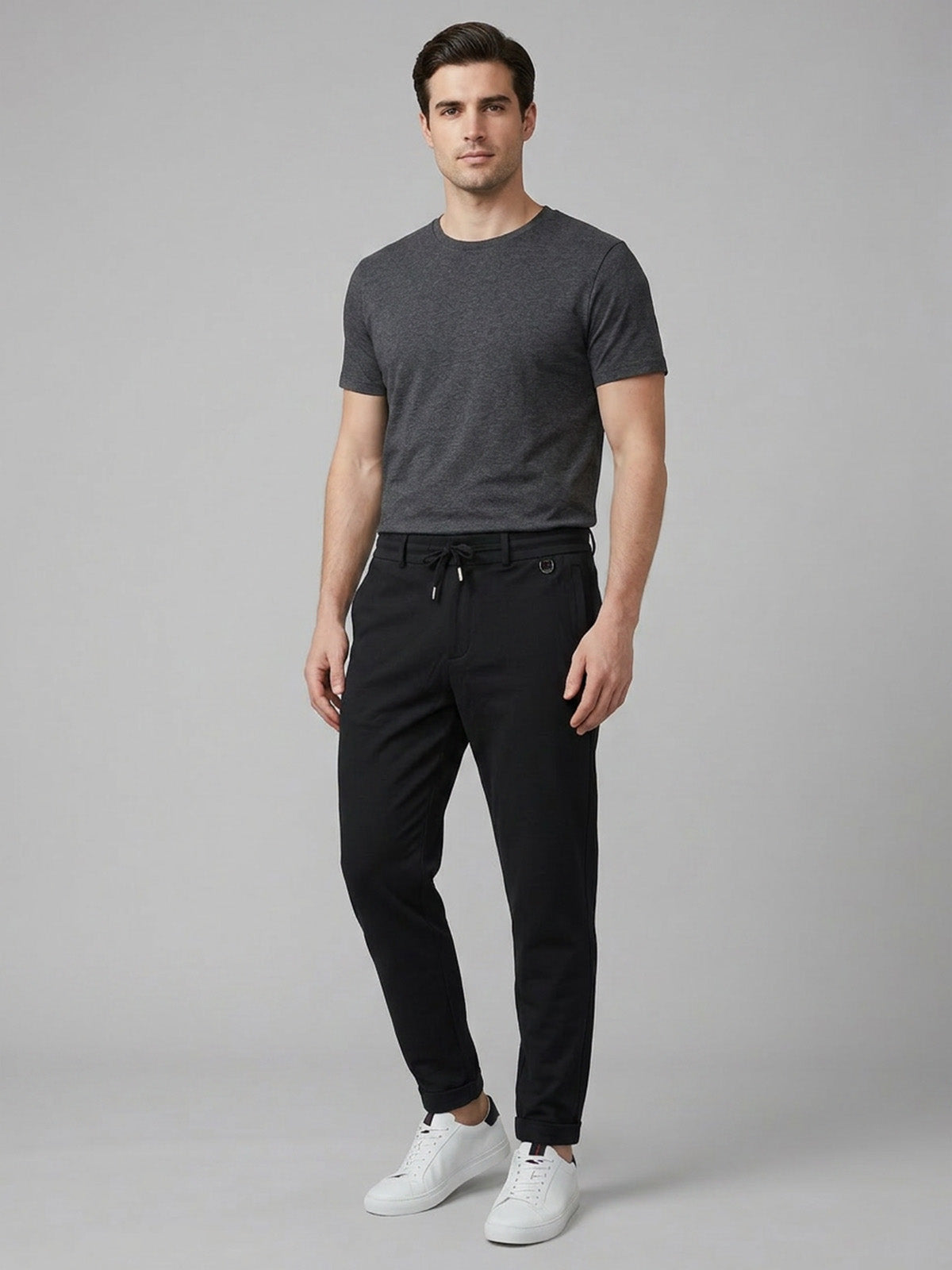 Franco Black Polyester Lycra Solid Trouser For Men