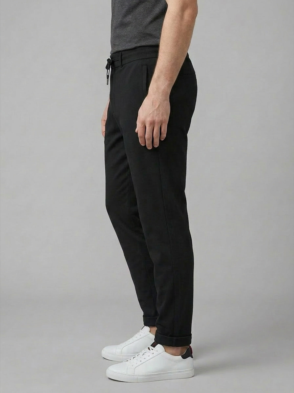 Franco Black Polyester Lycra Solid Trouser For Men
