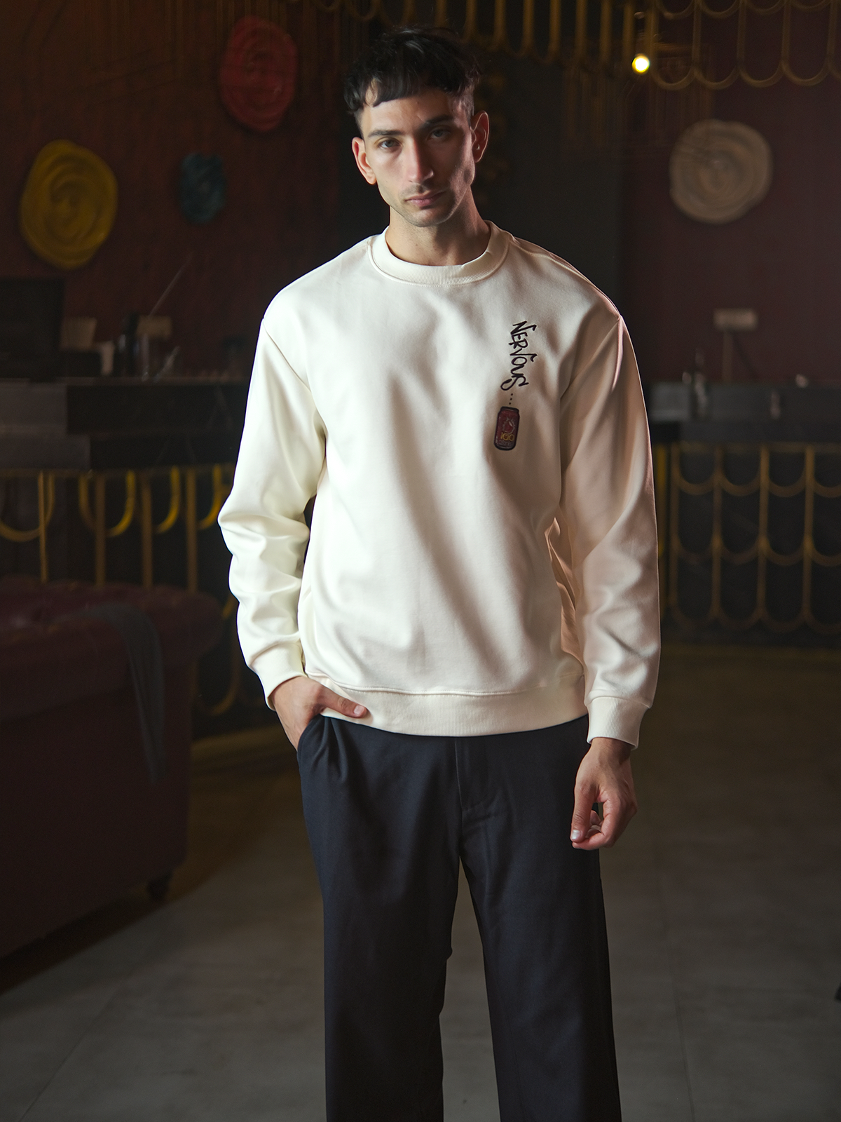 Beige Printed Cotton Jersey Sweatshirt For Men