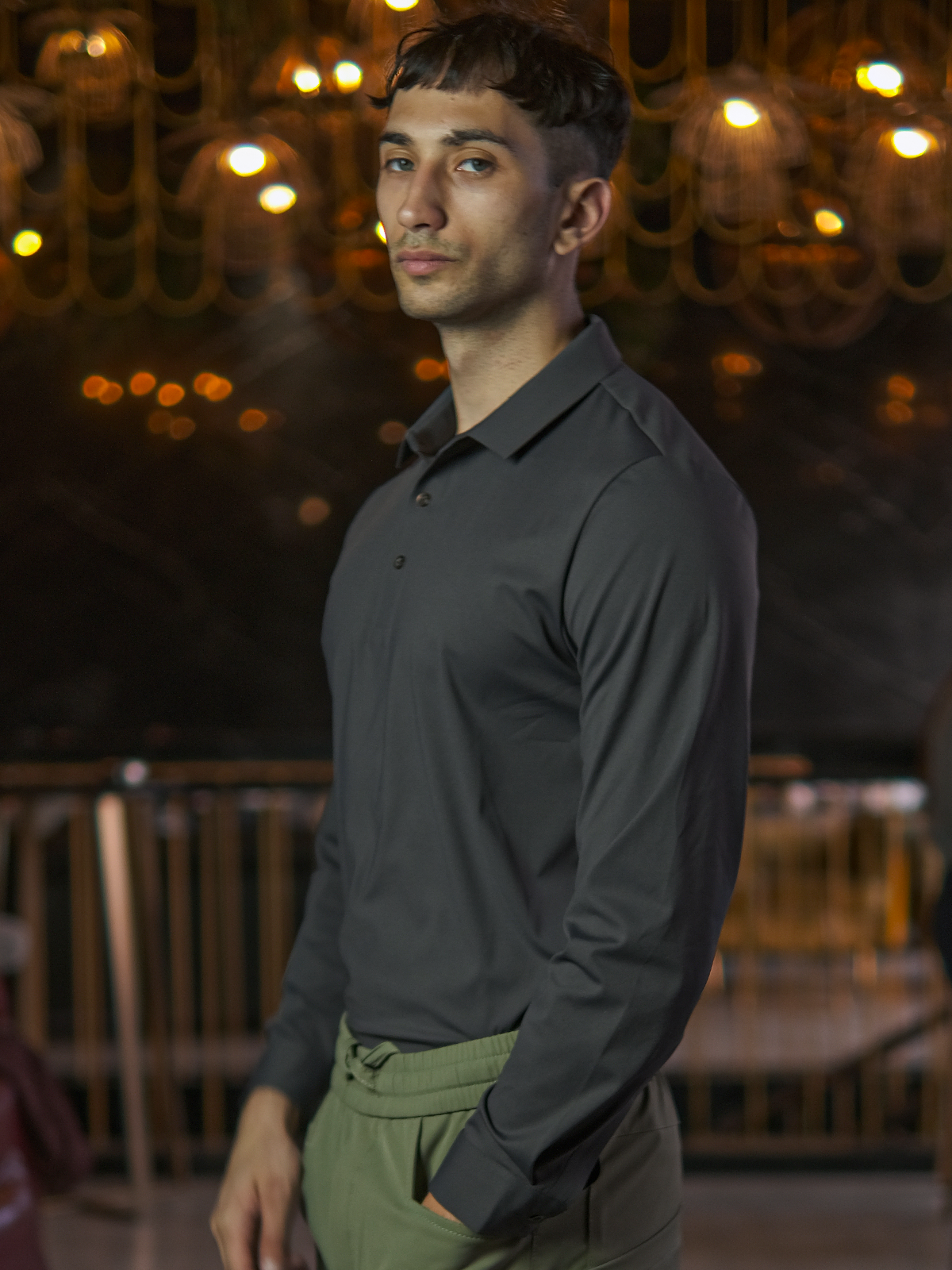 Grey Polyester Lycra Solid Shirt For Men