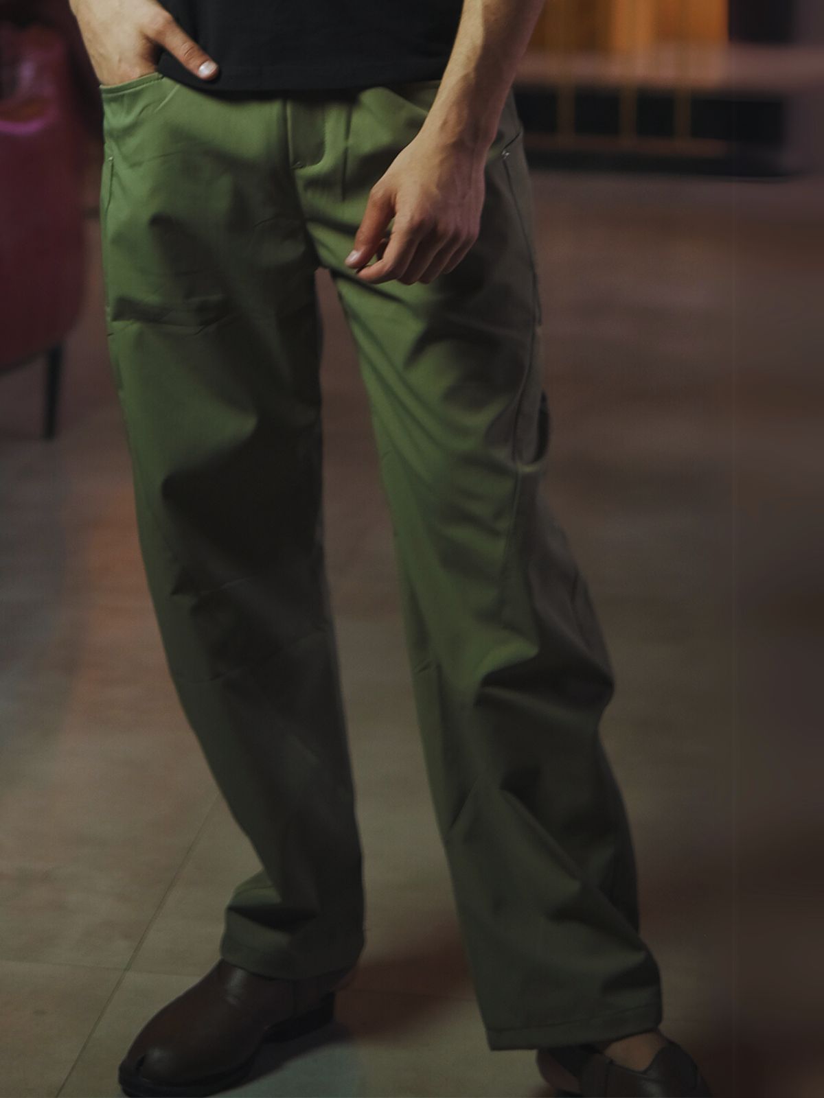 Olive Polyester Solid Trouser For Men