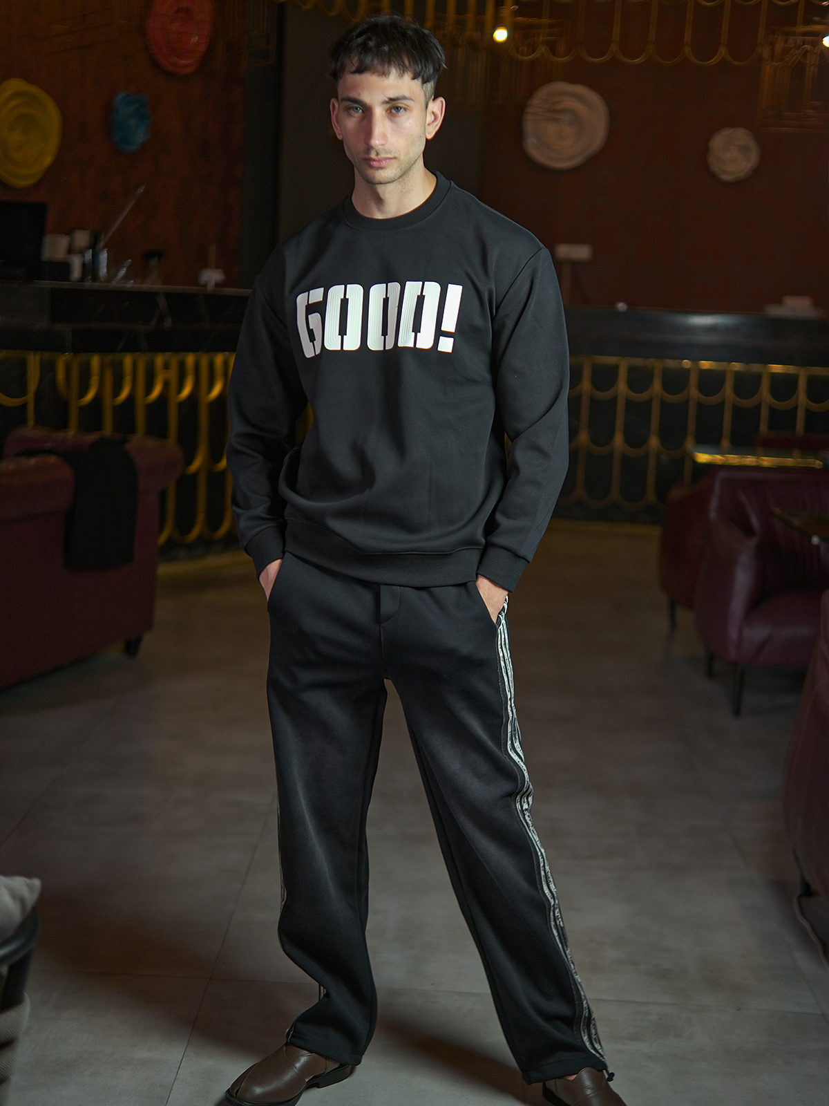 Black Cotton Blend Striped Track Pant For Men