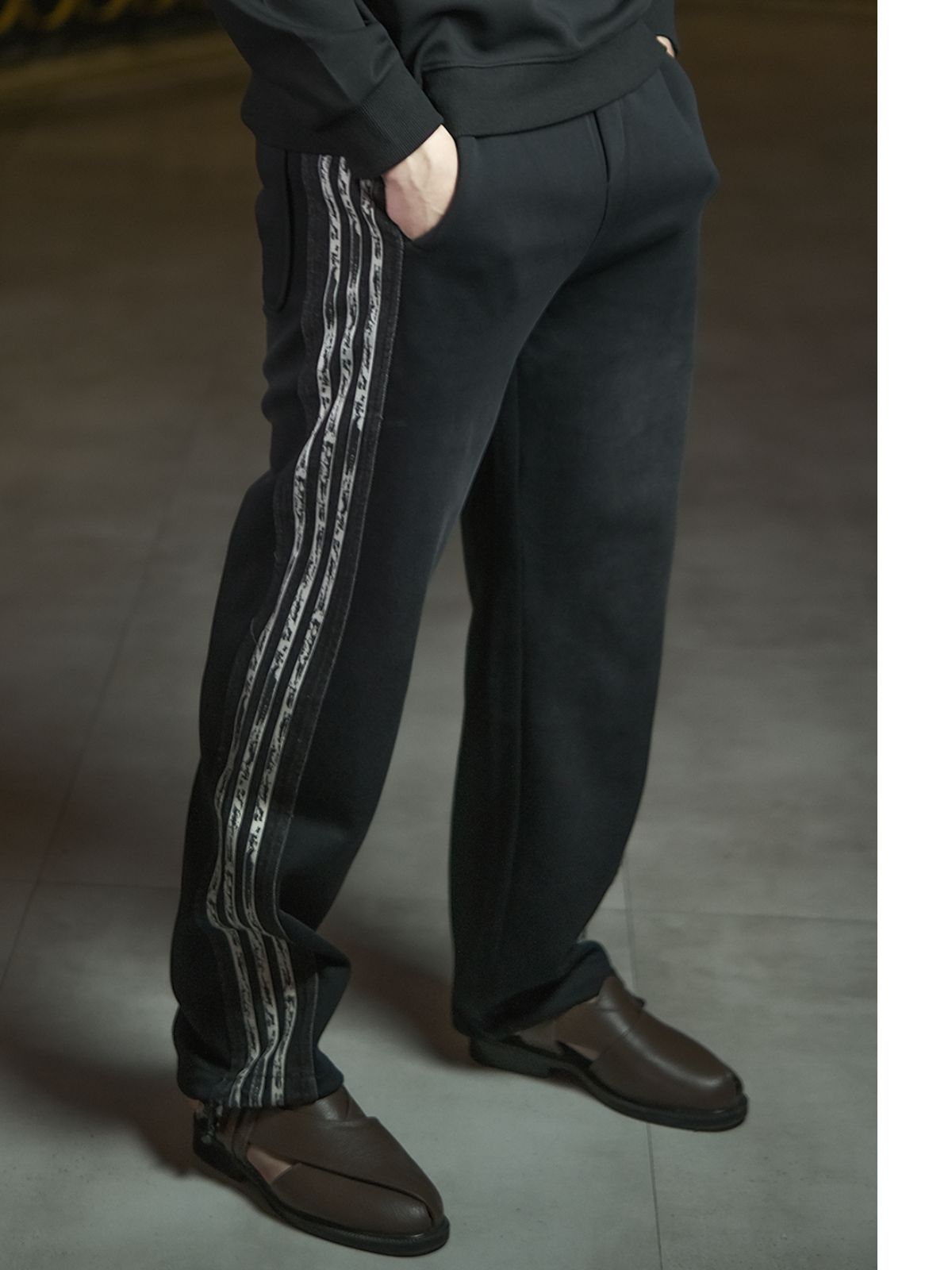 Black Cotton Blend Striped Track Pant For Men