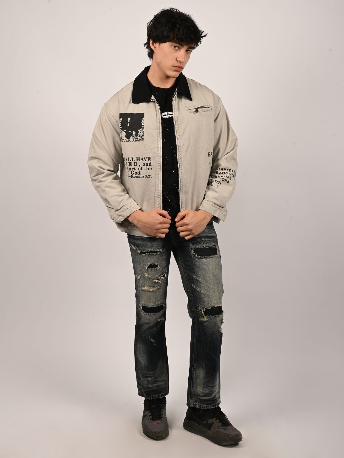 Franco Grey Cotton Twill Printed Jacket For Men