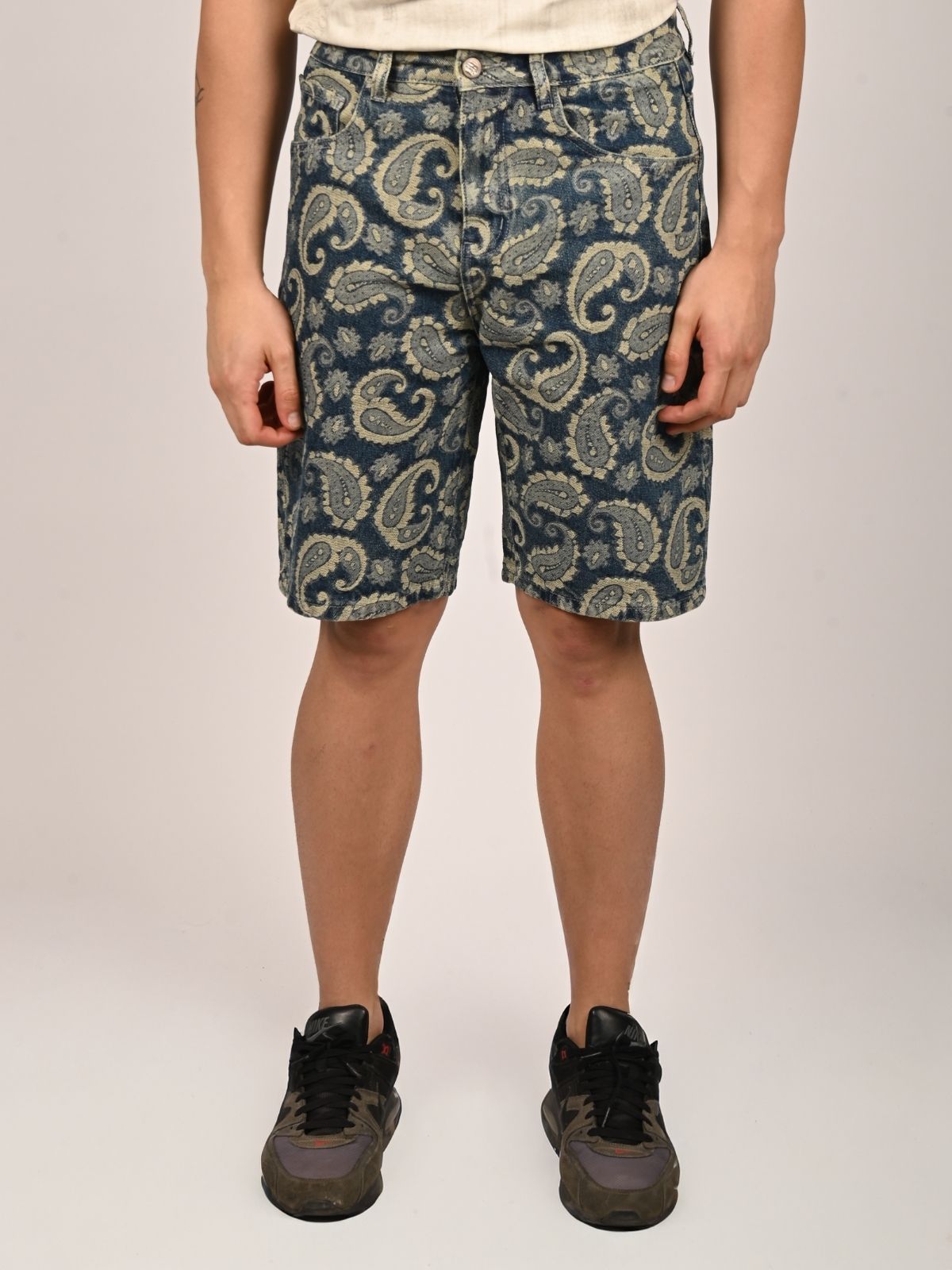 Franco Blue Denim Self Design Printed Shorts For Men