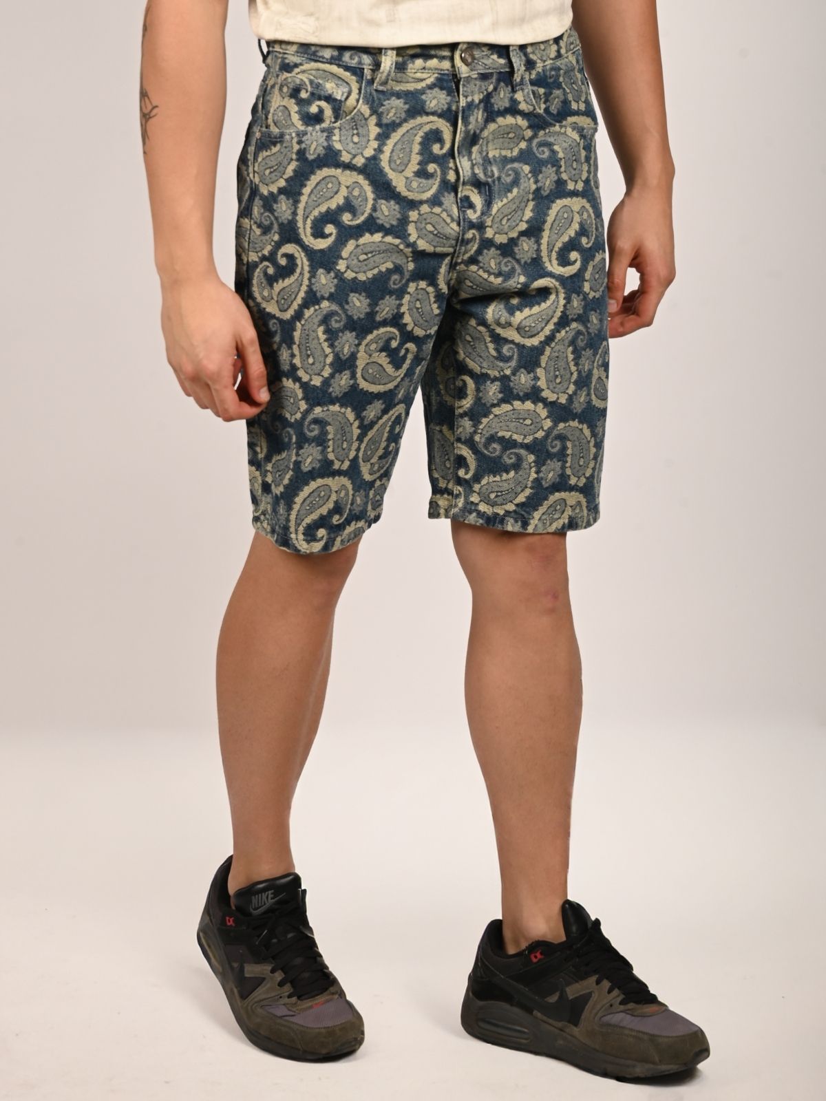 Franco Blue Denim Self Design Printed Shorts For Men