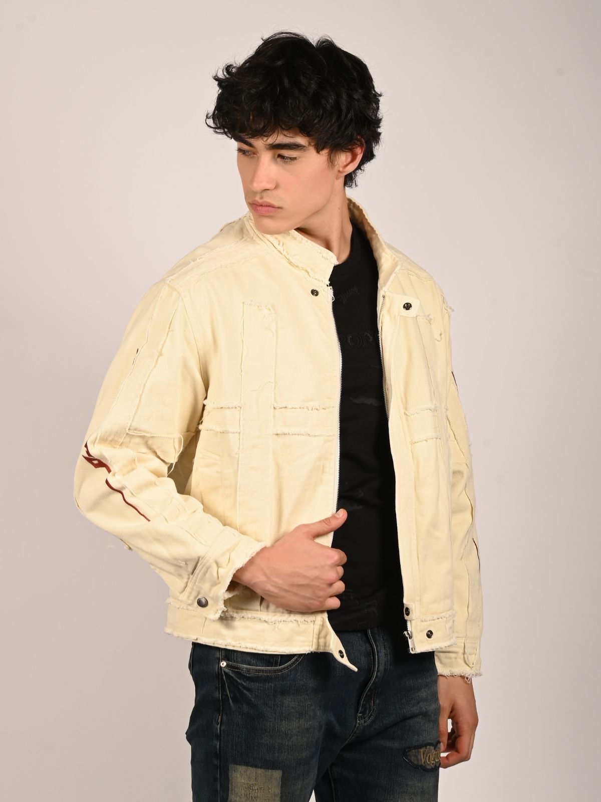 Franco Off White Cotton Twill Solid Jacket For Men
