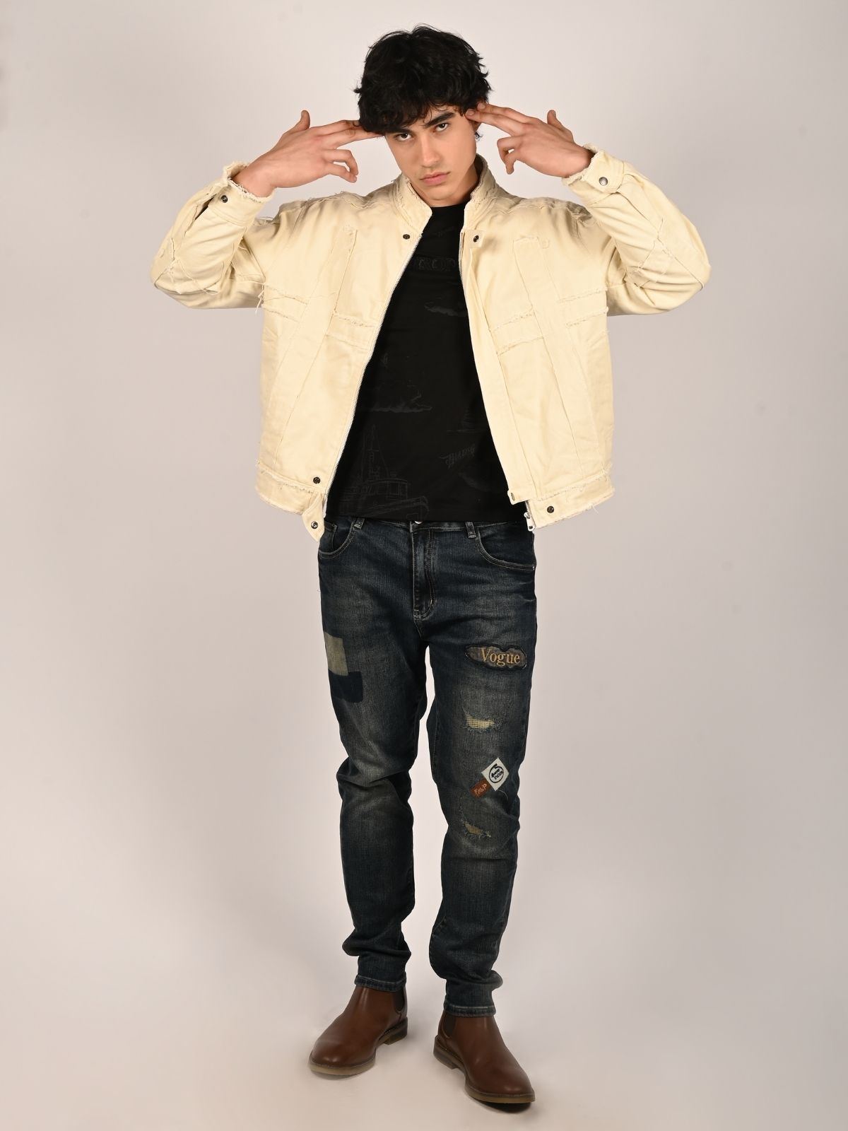 Franco Off White Cotton Twill Solid Jacket For Men