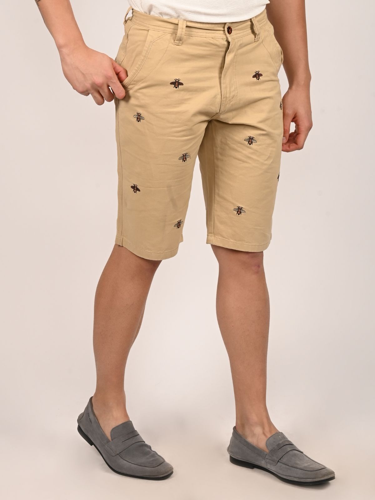 Franco Beige Cotton Twill Embroidered Solid Shorts For Men
