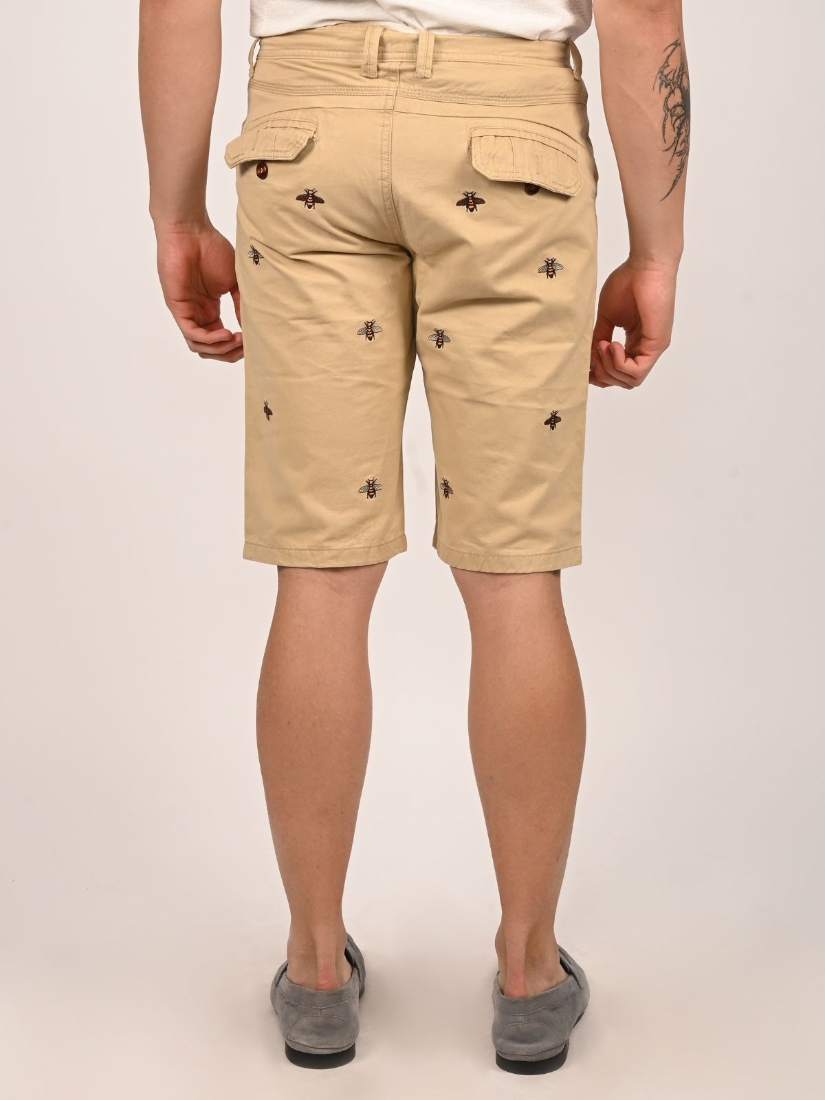 Franco Beige Cotton Twill Embroidered Solid Shorts For Men
