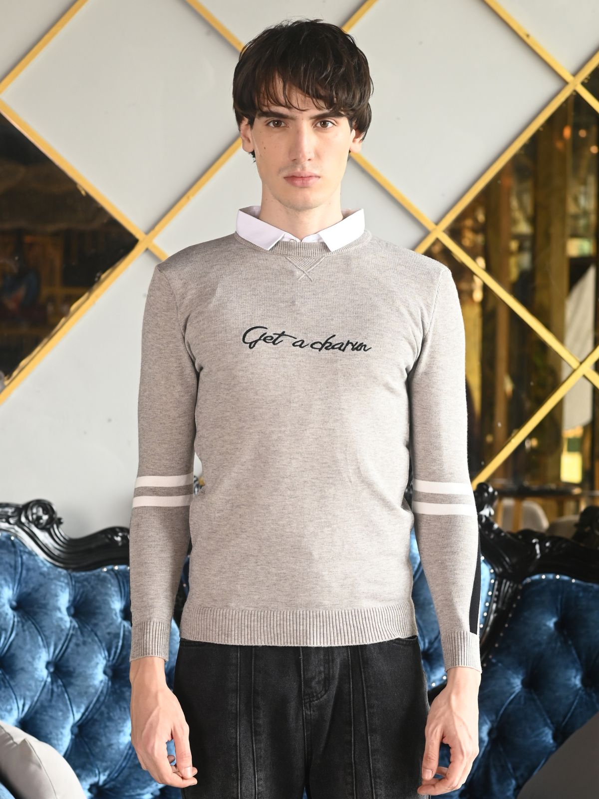 Grey Printed Cotton Jersey Sweatshirt For Men