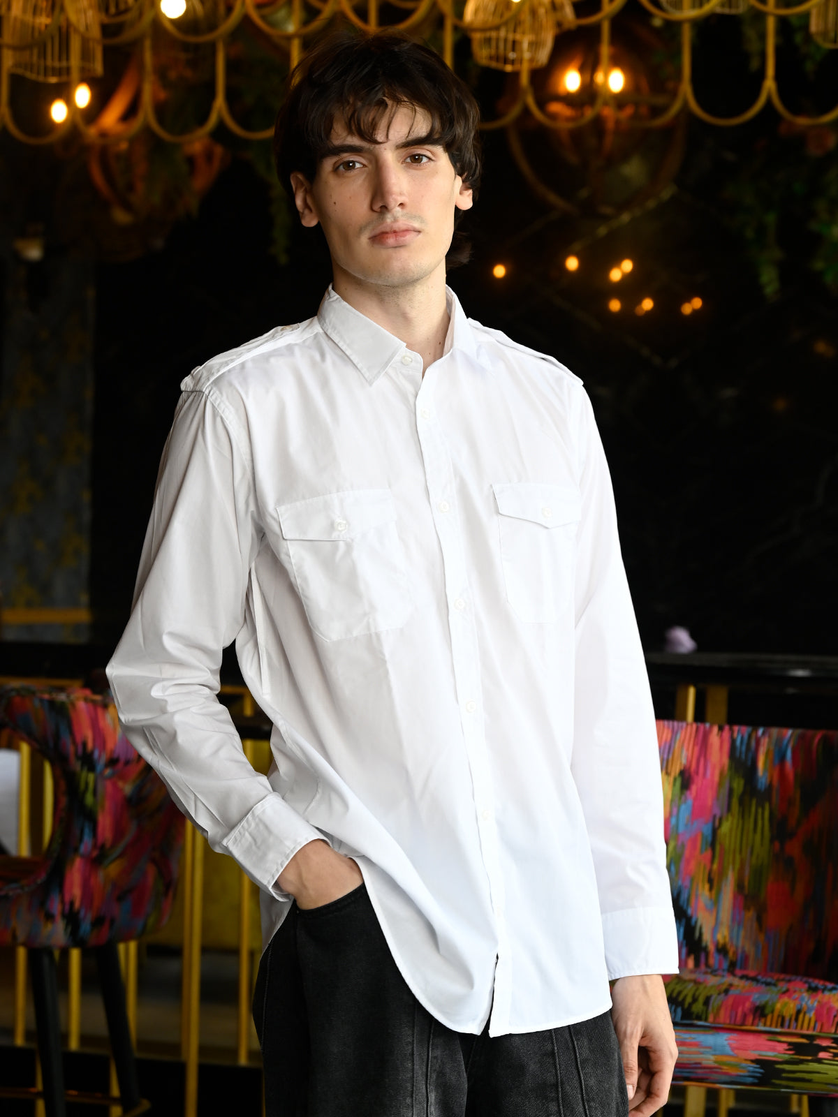 White Cotton Blend Solid Shirt For Men