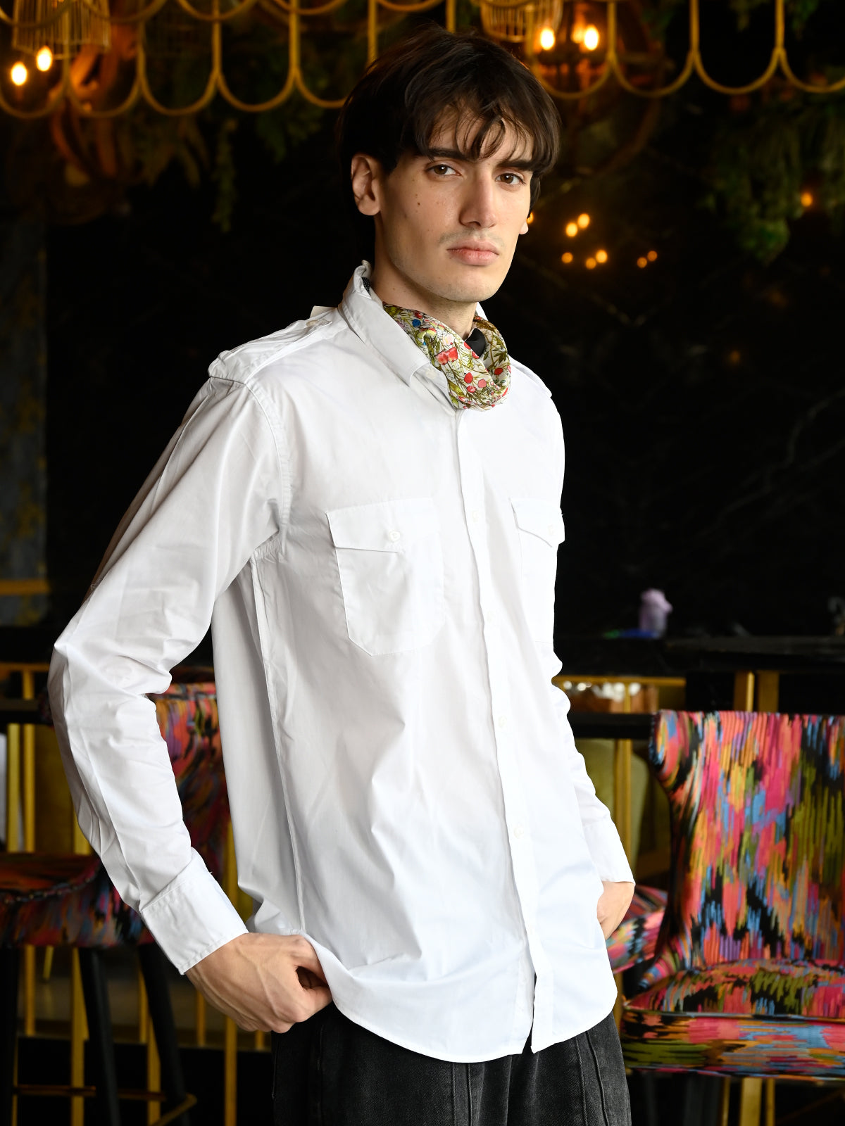 White Cotton Blend Solid Shirt For Men