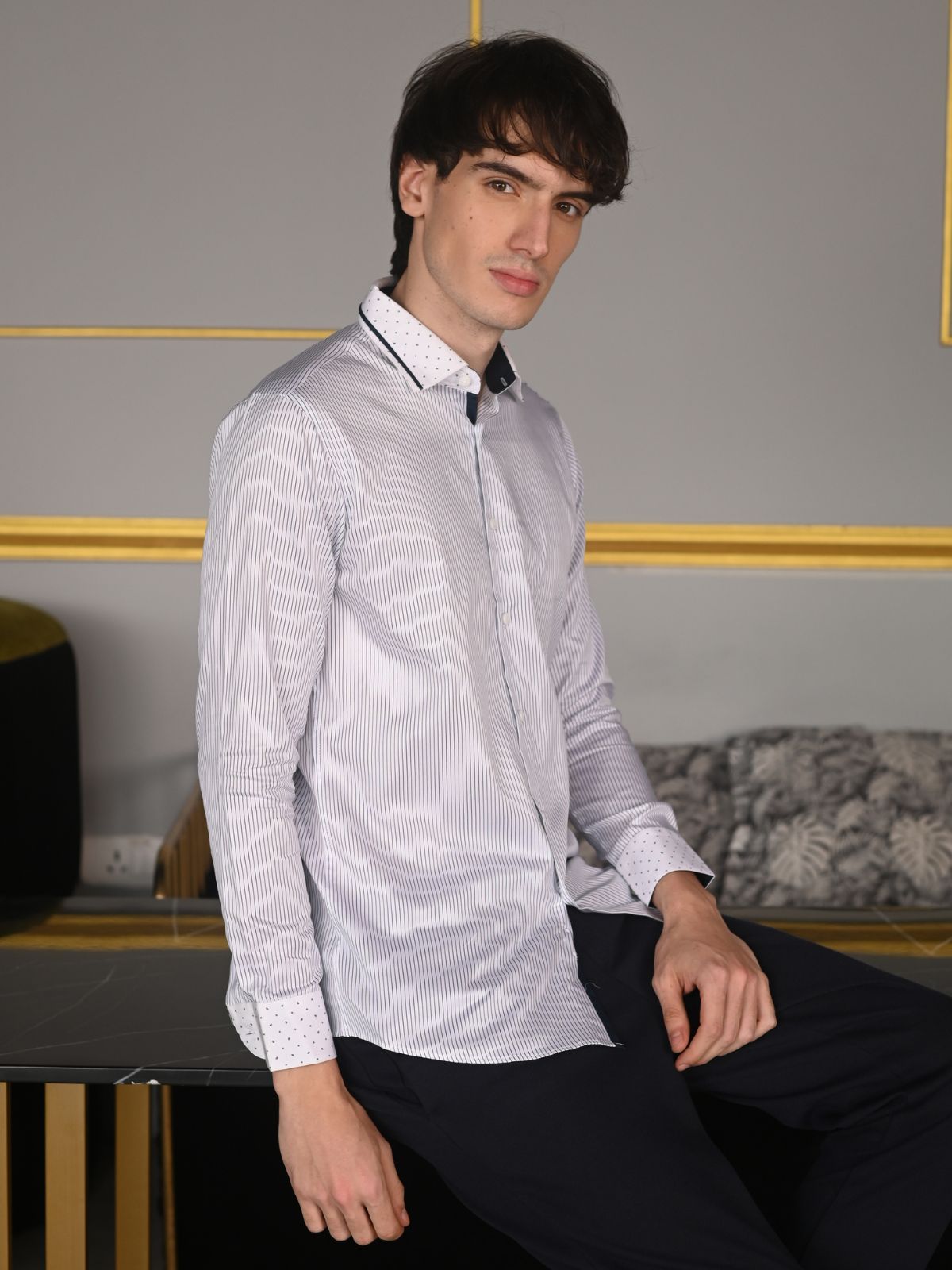 Blue Cotton Blend Striped Shirt For Men