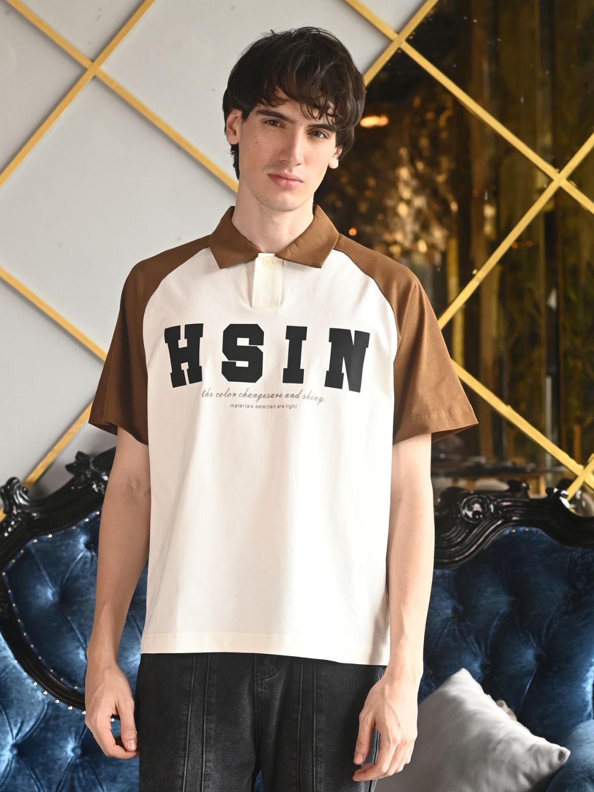 Beige Printed Cotton Jersey Polo T-shirt For Men