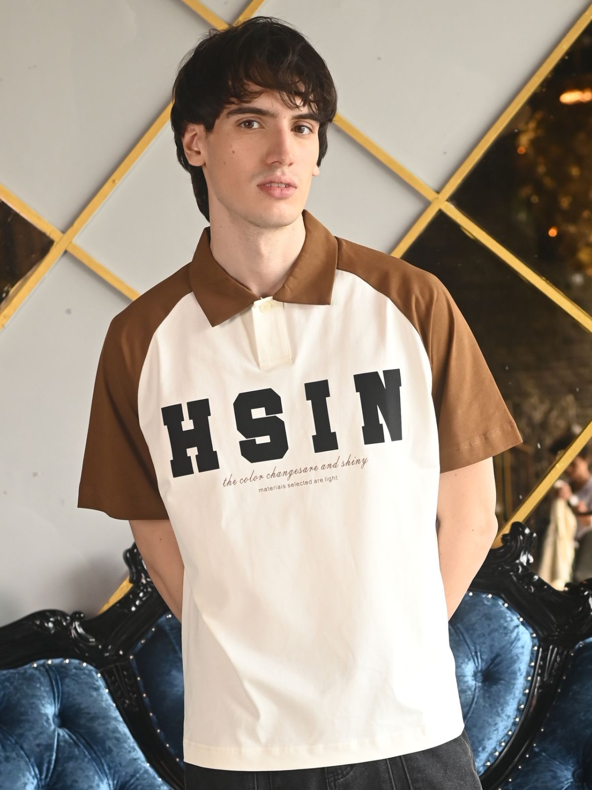 Beige Printed Cotton Jersey Polo T-shirt For Men