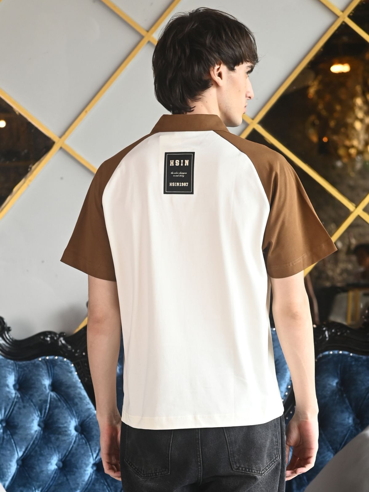 Beige Printed Cotton Jersey Polo T-shirt For Men