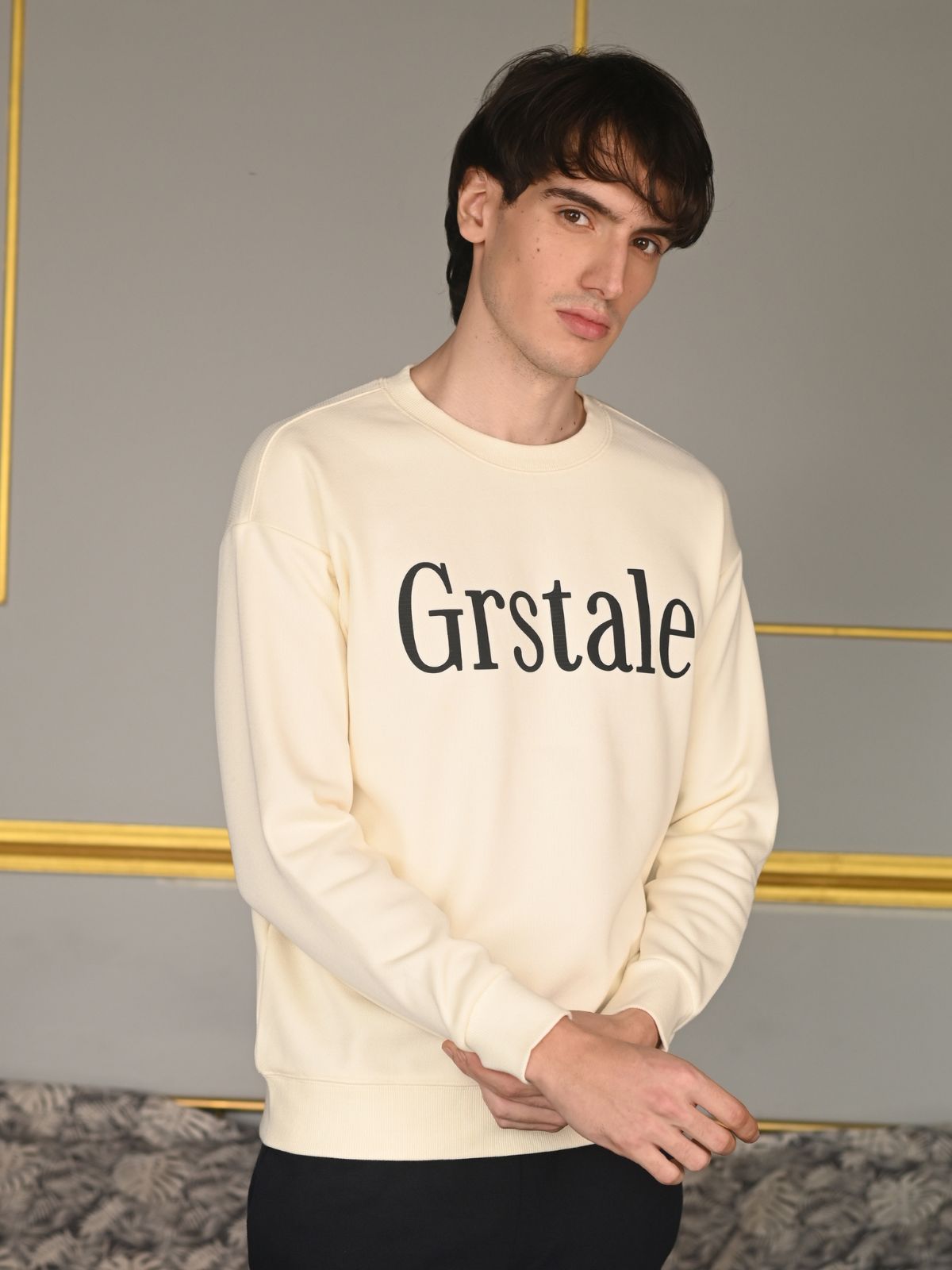 Beige Printed Cotton Jersey Sweatshirt For Men