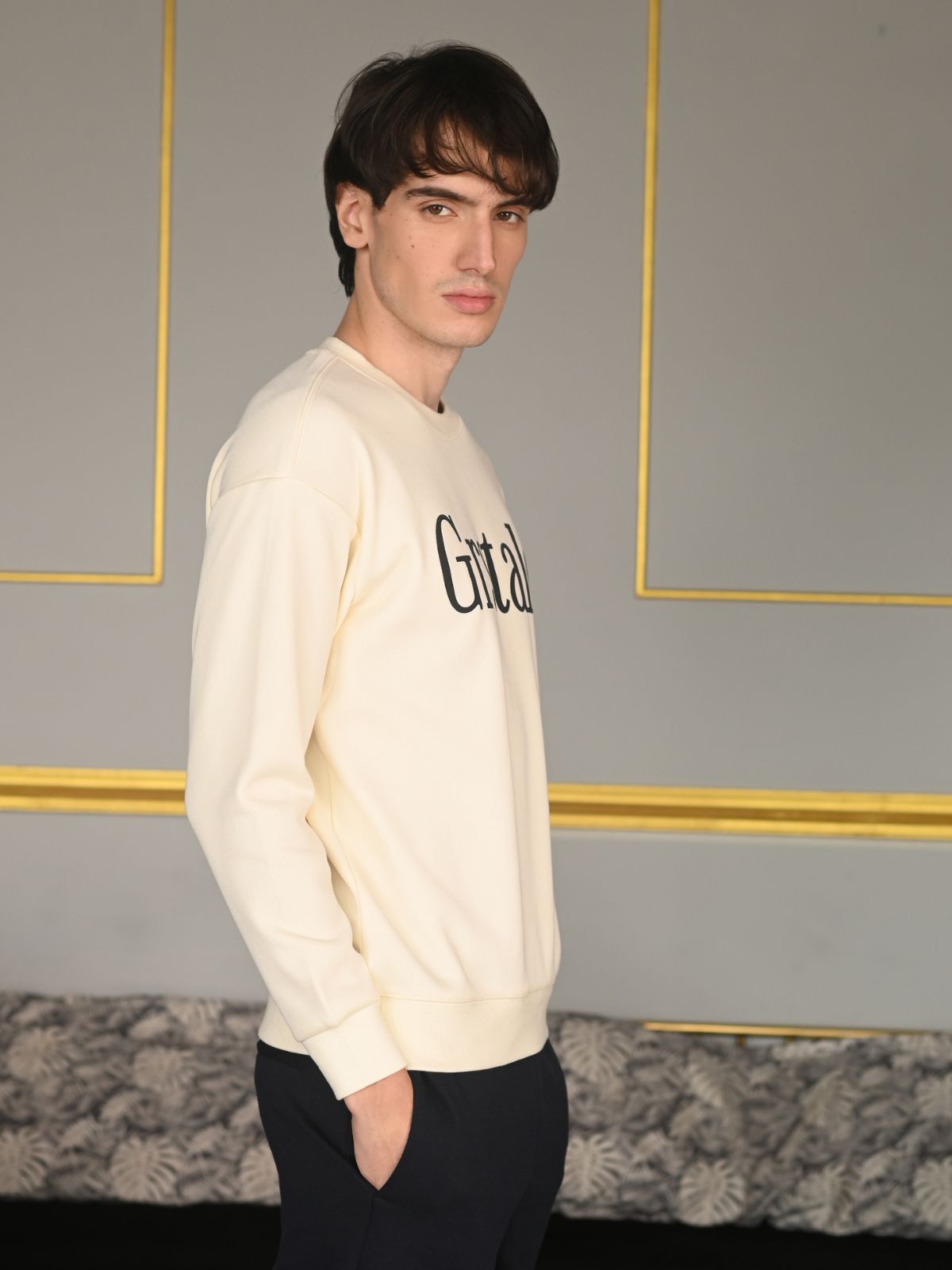 Beige Printed Cotton Jersey Sweatshirt For Men