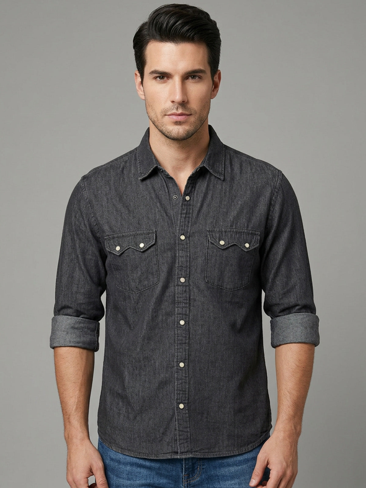 Franco Grey Denim Plain Shirt For Men