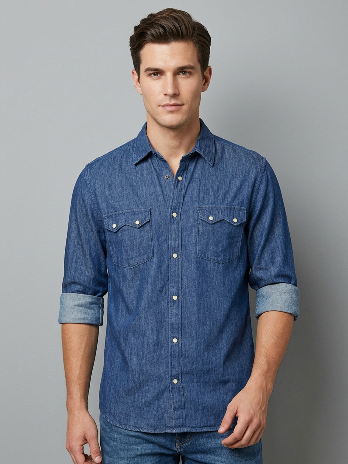 Franco Blue Denim Plain Shirt For Men