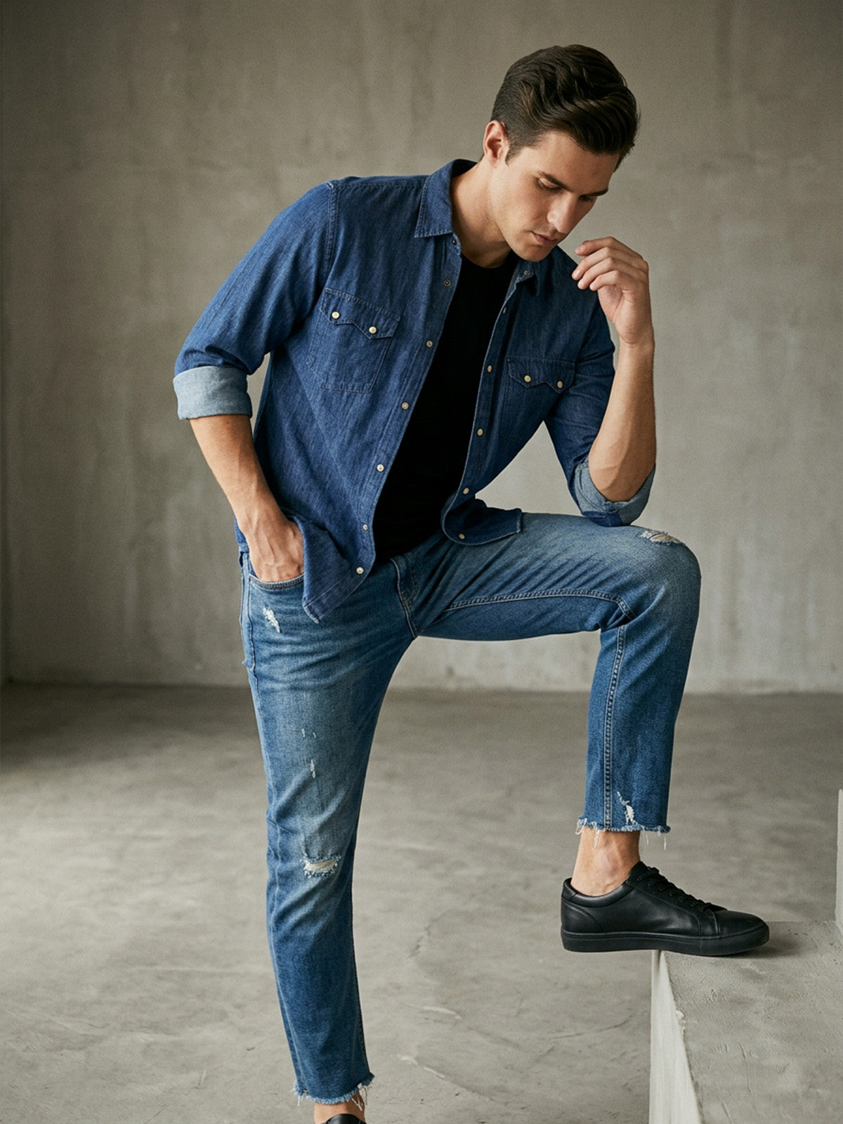 Franco Blue Denim Plain Shirt For Men