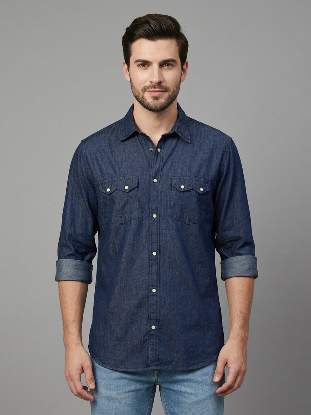 Franco Navy Blue Denim Plain Shirt For Men