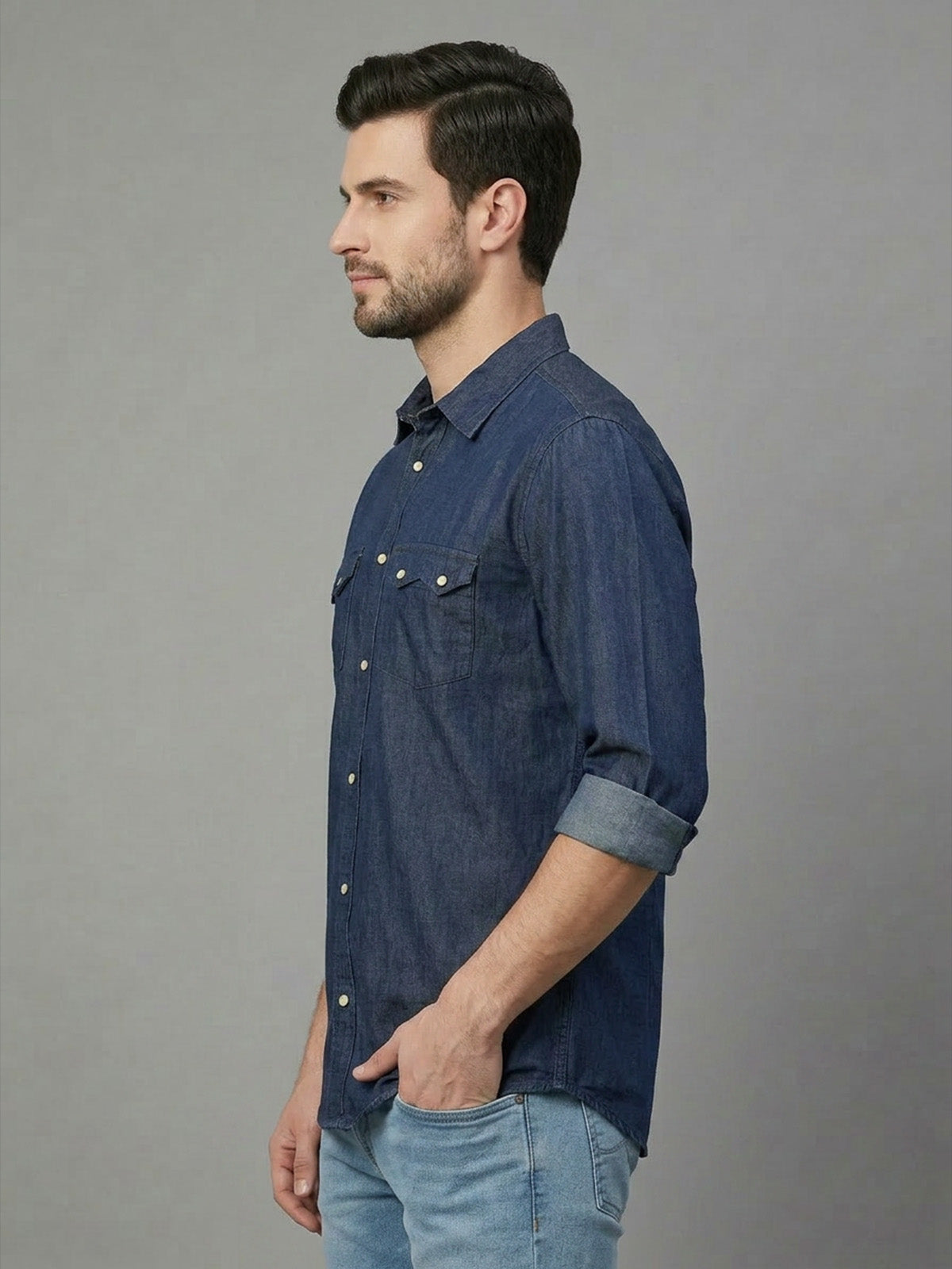 Franco Navy Blue Denim Plain Shirt For Men