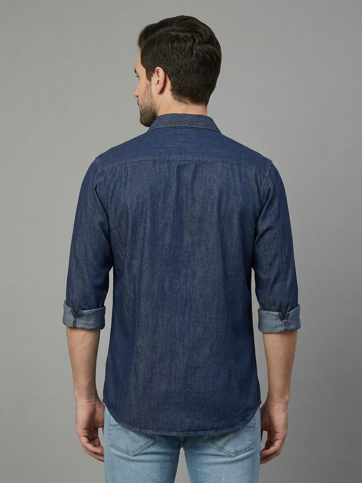 Franco Navy Blue Denim Plain Shirt For Men