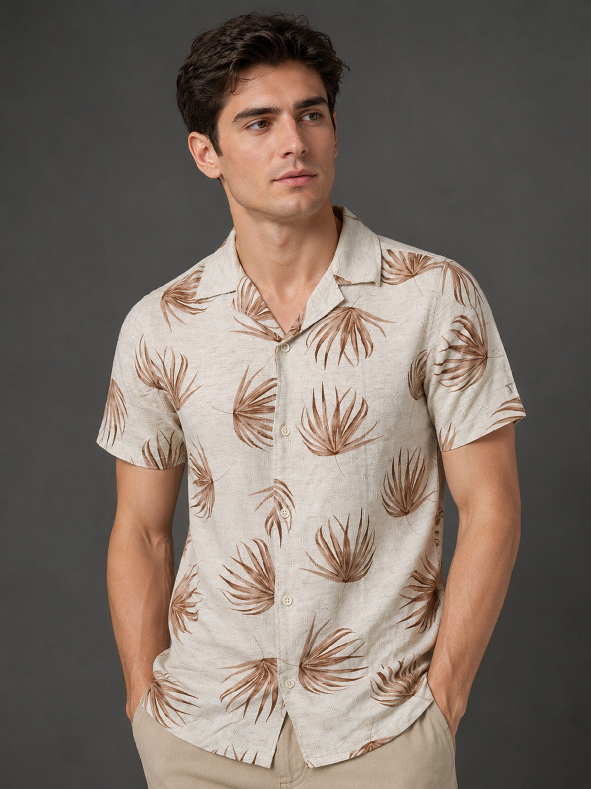 Franco Beige Cotton Blend Printed Shirt For Men