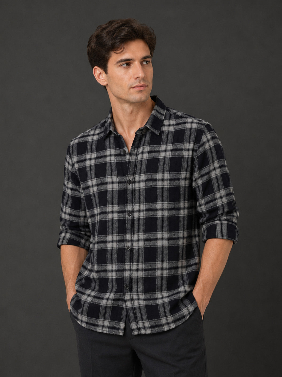 Franco Black Cotton Blend Checked Shirt For Men