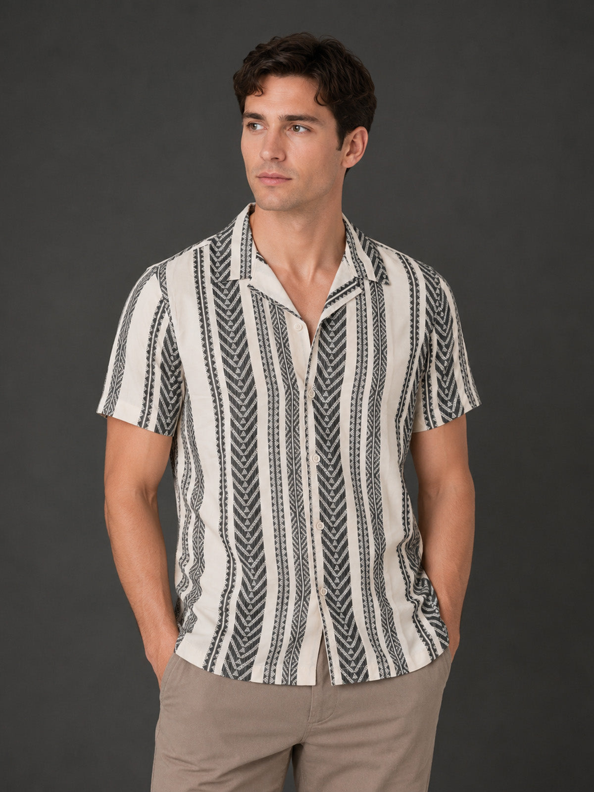 Franco Beige and Black Cotton Blend Plain Shirt For Men
