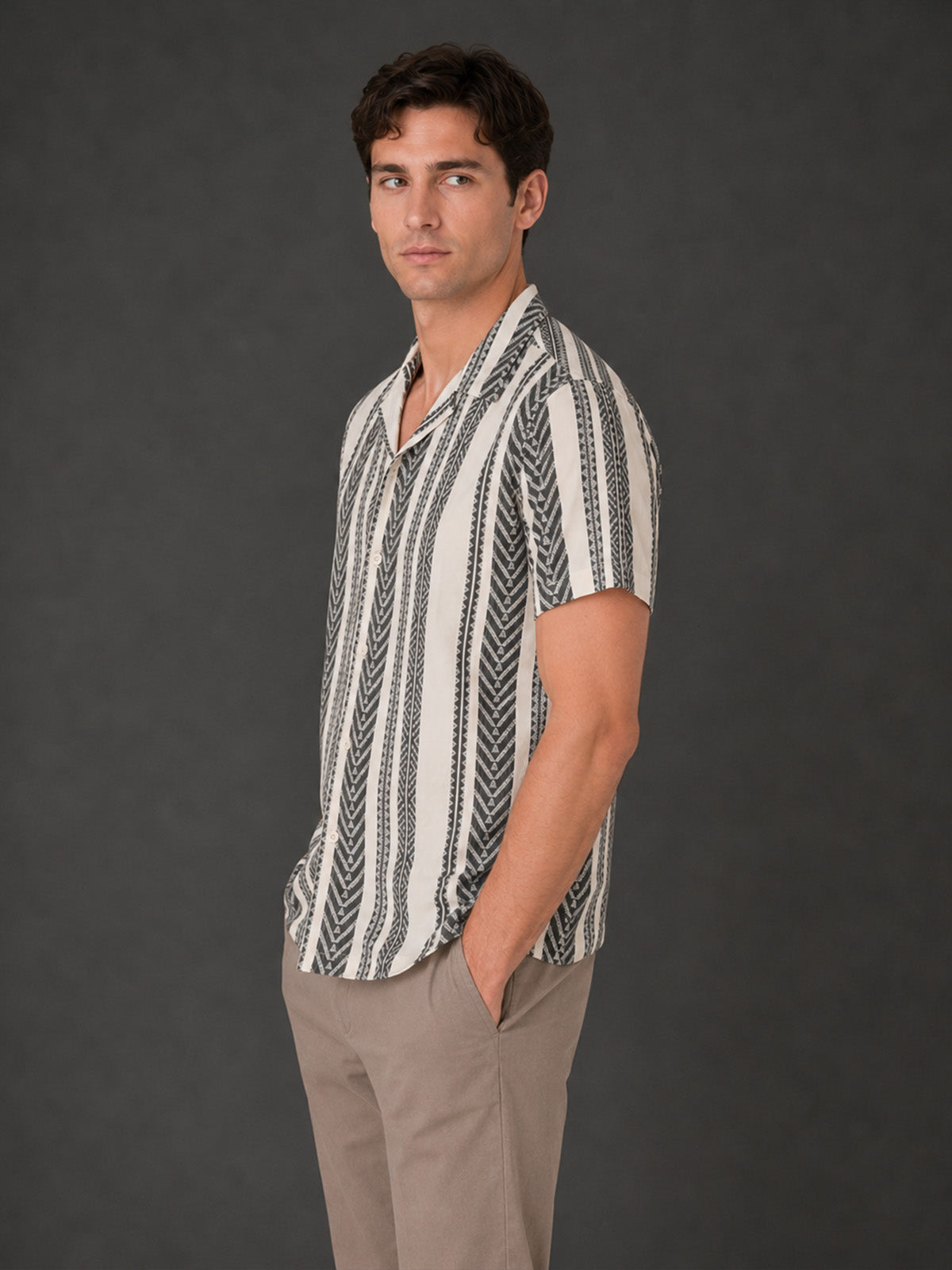 Franco Beige and Black Cotton Blend Plain Shirt For Men