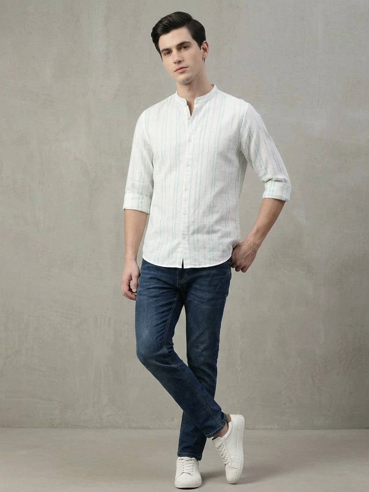 Franco Off White Cotton Striped Shirt For Men