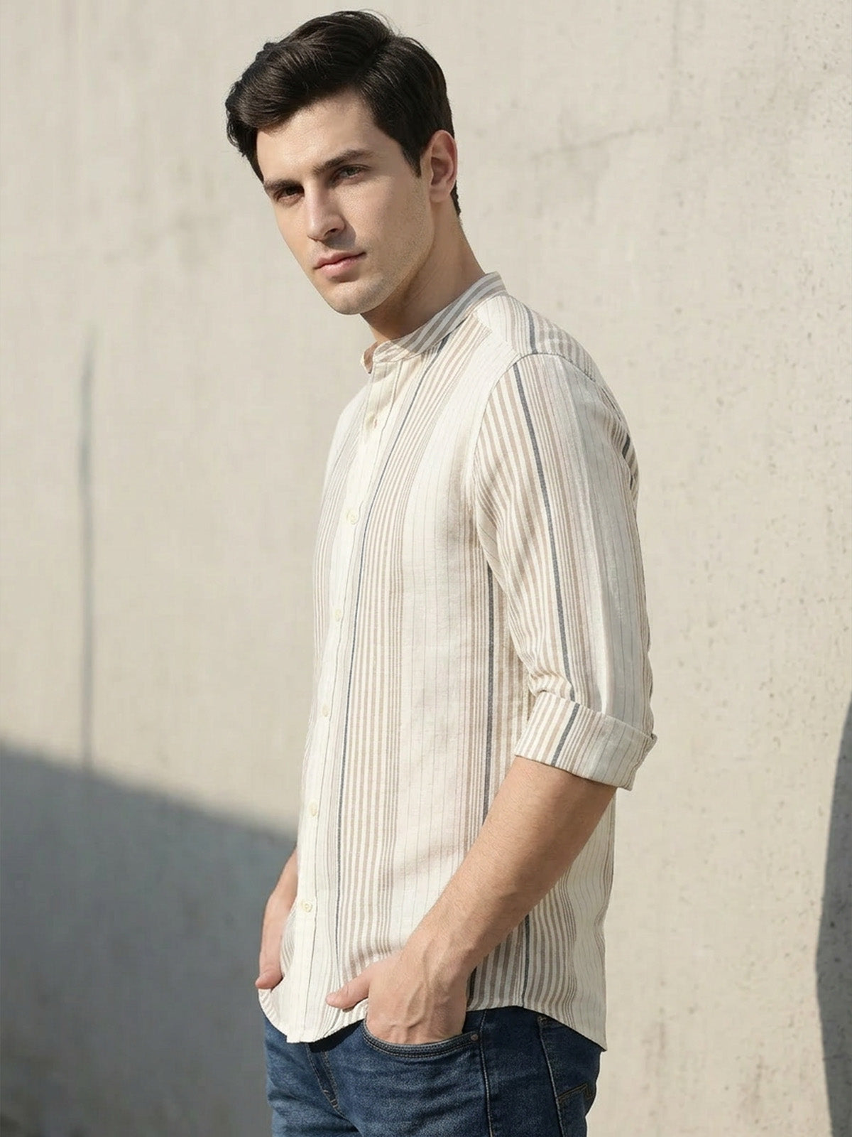 Franco Beige Cotton Striped Shirt For Men